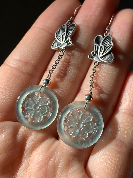 Natural Guatemalan Icy Highly Translucent Sky Blue Jadeite Carved Flower Dangle Earrings S925 Silver 天然危地马拉正高冰天空蓝翡翠银镶耳钩