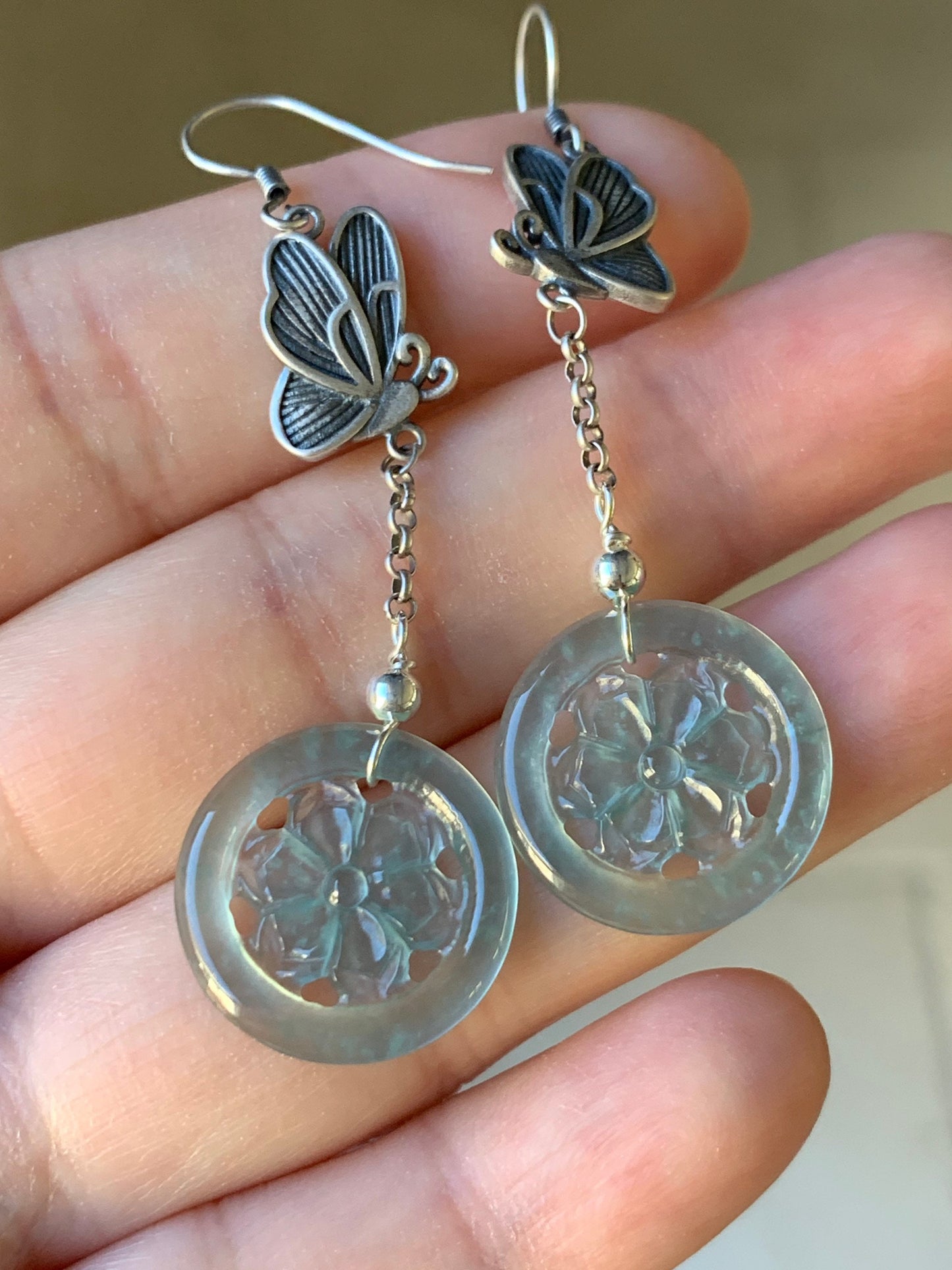 Natural Guatemalan Icy Highly Translucent Sky Blue Jadeite Carved Flower Dangle Earrings S925 Silver 天然危地马拉正高冰天空蓝翡翠银镶耳钩