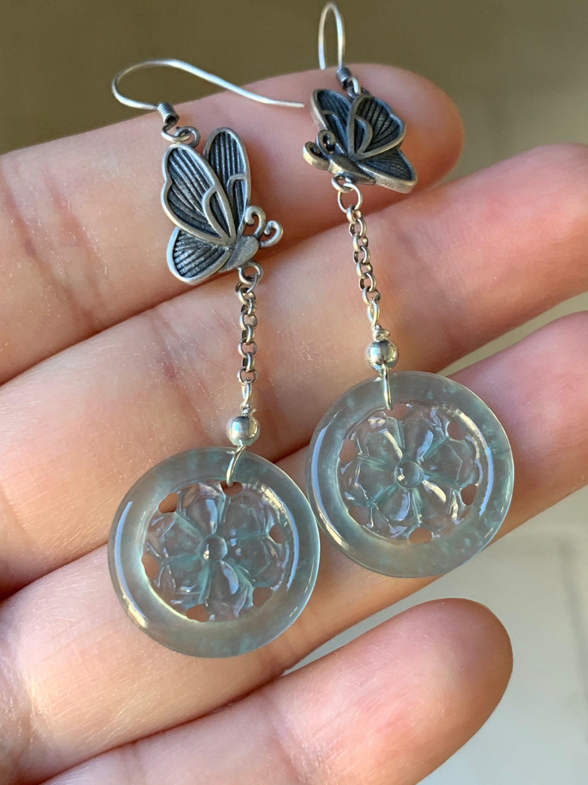 Natural Guatemalan Icy Highly Translucent Sky Blue Jadeite Carved Flower Dangle Earrings S925 Silver 天然危地马拉正高冰天空蓝翡翠银镶耳钩