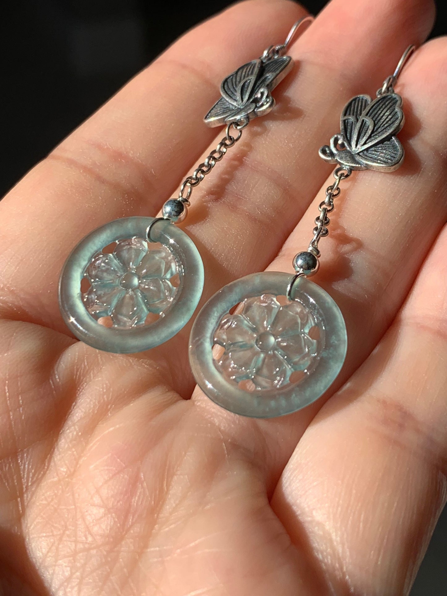 Natural Guatemalan Icy Highly Translucent Sky Blue Jadeite Carved Flower Dangle Earrings S925 Silver 天然危地马拉正高冰天空蓝翡翠银镶耳钩