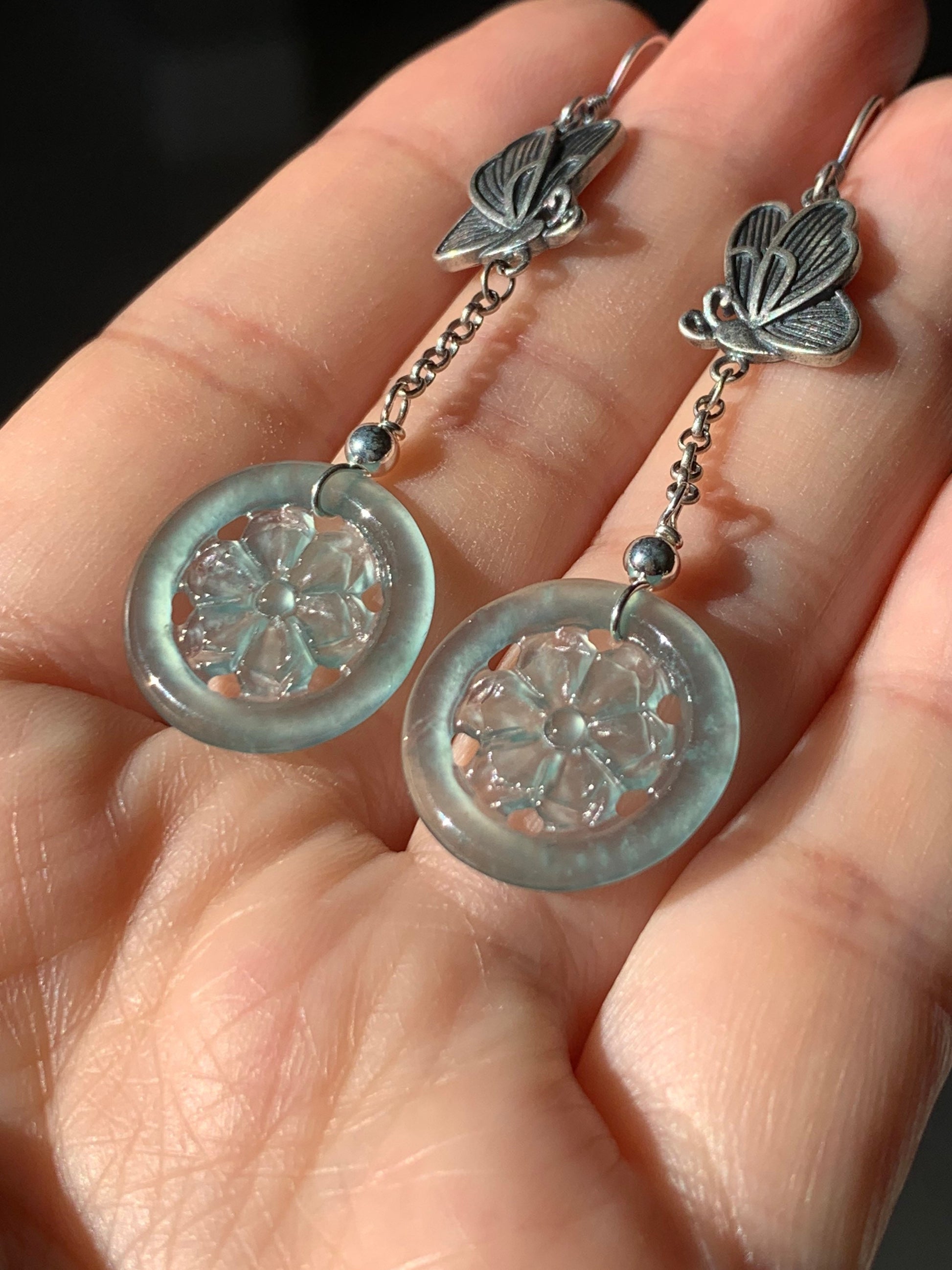 Natural Guatemalan Icy Highly Translucent Sky Blue Jadeite Carved Flower Dangle Earrings S925 Silver 天然危地马拉正高冰天空蓝翡翠银镶耳钩