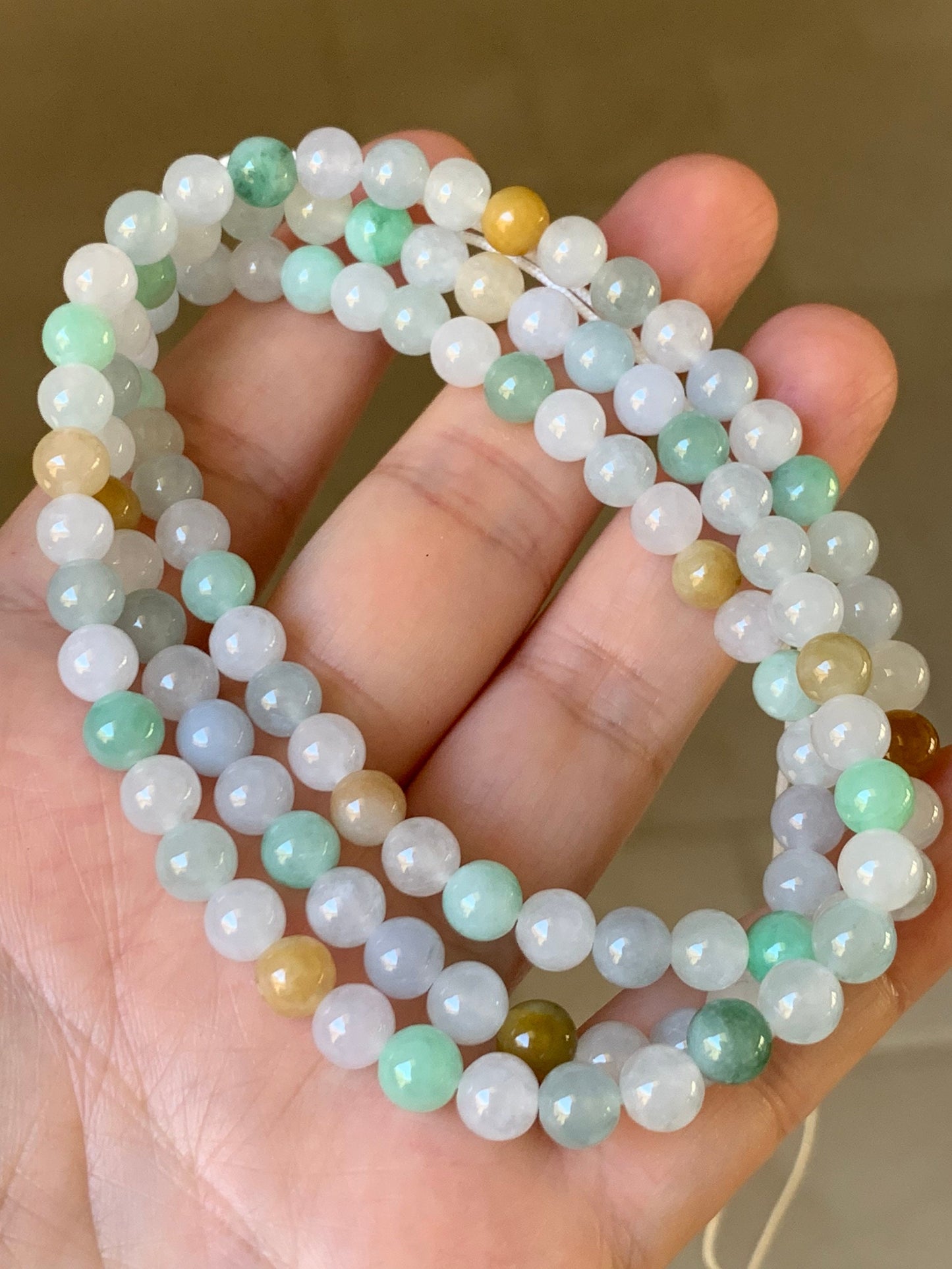 Grade A Natural Burmese Icy Translucent and Gelatinous Multi-Colored Jadeite Beaded Necklace 5.9mm 24” 天然缅甸冰胶多宝翡翠长串