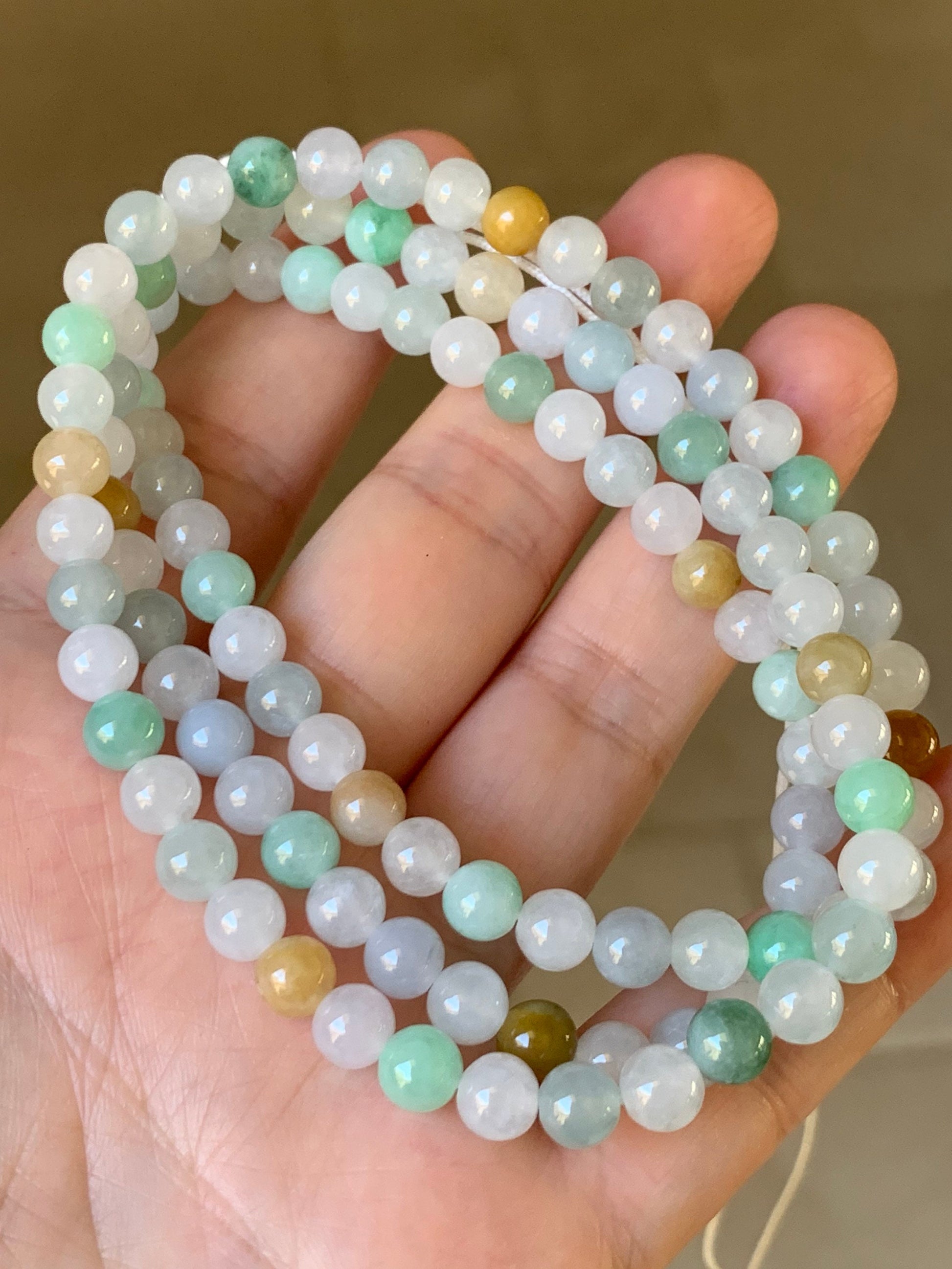 Grade A Natural Burmese Icy Translucent and Gelatinous Multi-Colored Jadeite Beaded Necklace 5.9mm 24” 天然缅甸冰胶多宝翡翠长串