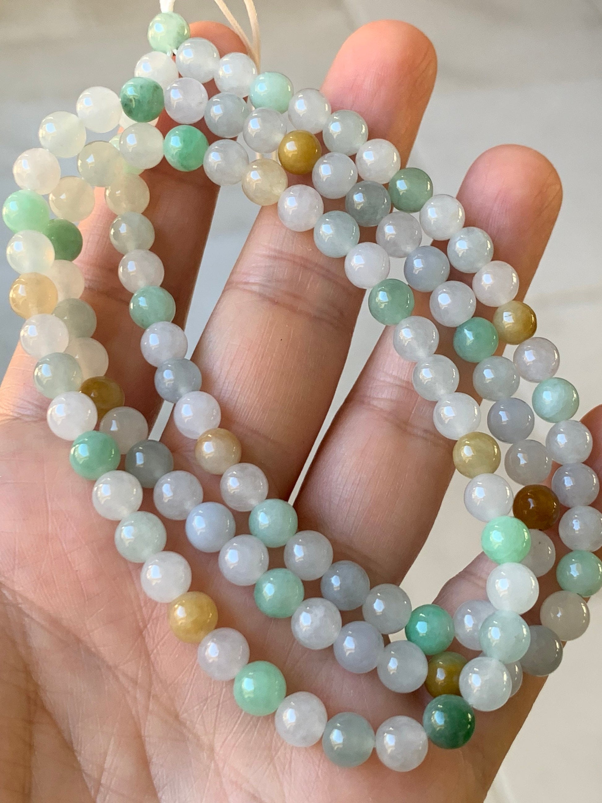Grade A Natural Burmese Icy Translucent and Gelatinous Multi-Colored Jadeite Beaded Necklace 5.9mm 24” 天然缅甸冰胶多宝翡翠长串
