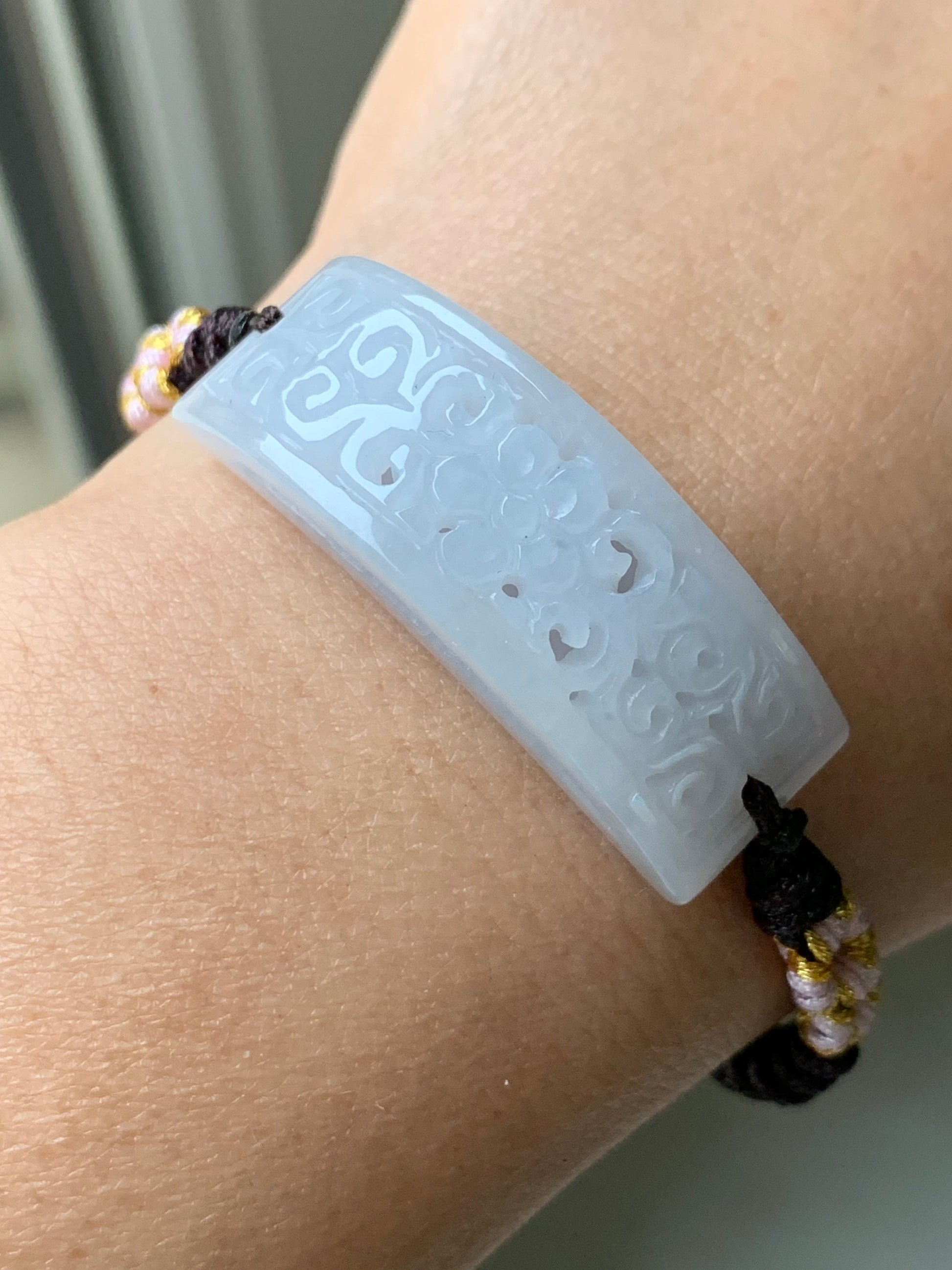 Natural Burmese Icy Translucent & Gelatinous White Jadeite Openwork Engraving Rope Bracelet Adjustable 6-10” 天然缅甸白冰玛瑙底翡翠镂空雕手牌