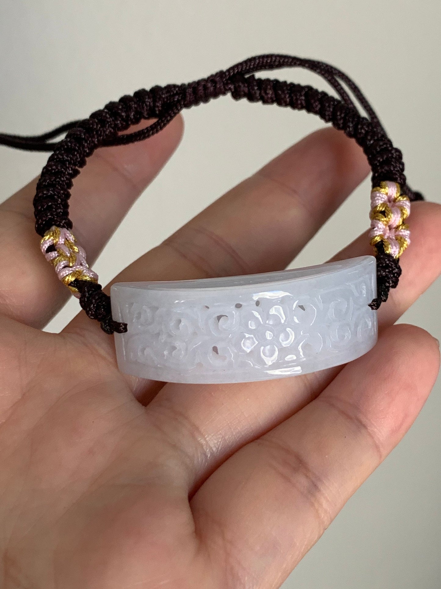 Natural Burmese Icy Translucent & Gelatinous White Jadeite Openwork Engraving Rope Bracelet Adjustable 6-10” 天然缅甸白冰玛瑙底翡翠镂空雕手牌