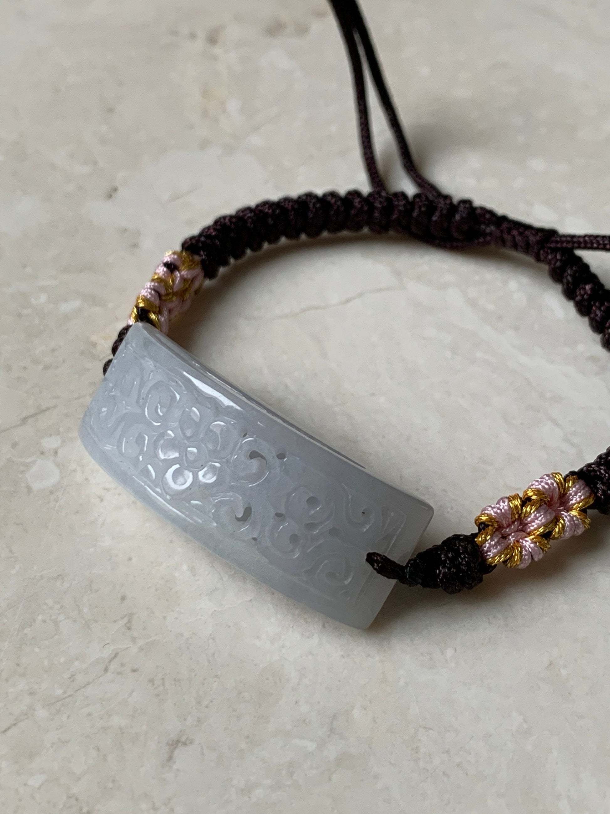 Natural Burmese Icy Translucent & Gelatinous White Jadeite Openwork Engraving Rope Bracelet Adjustable 6-10” 天然缅甸白冰玛瑙底翡翠镂空雕手牌