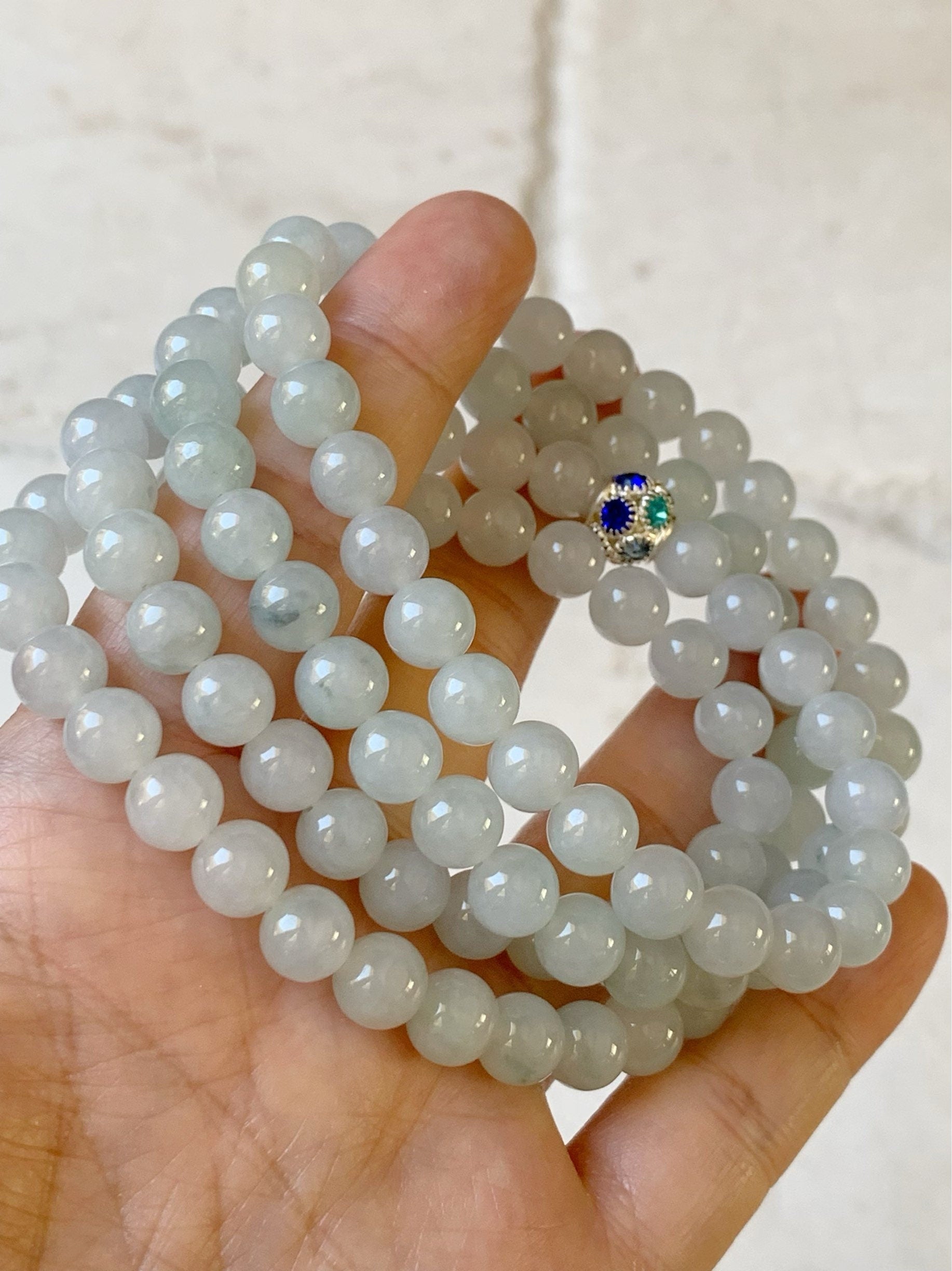 Burmese Natural Icy Translucent Gelatinous Light Green Jadeite w/ Green Marbling Beaded Necklace 7.8mm 32” 88 grams 天然缅甸正冰起胶晴底飘绿花翡翠长串