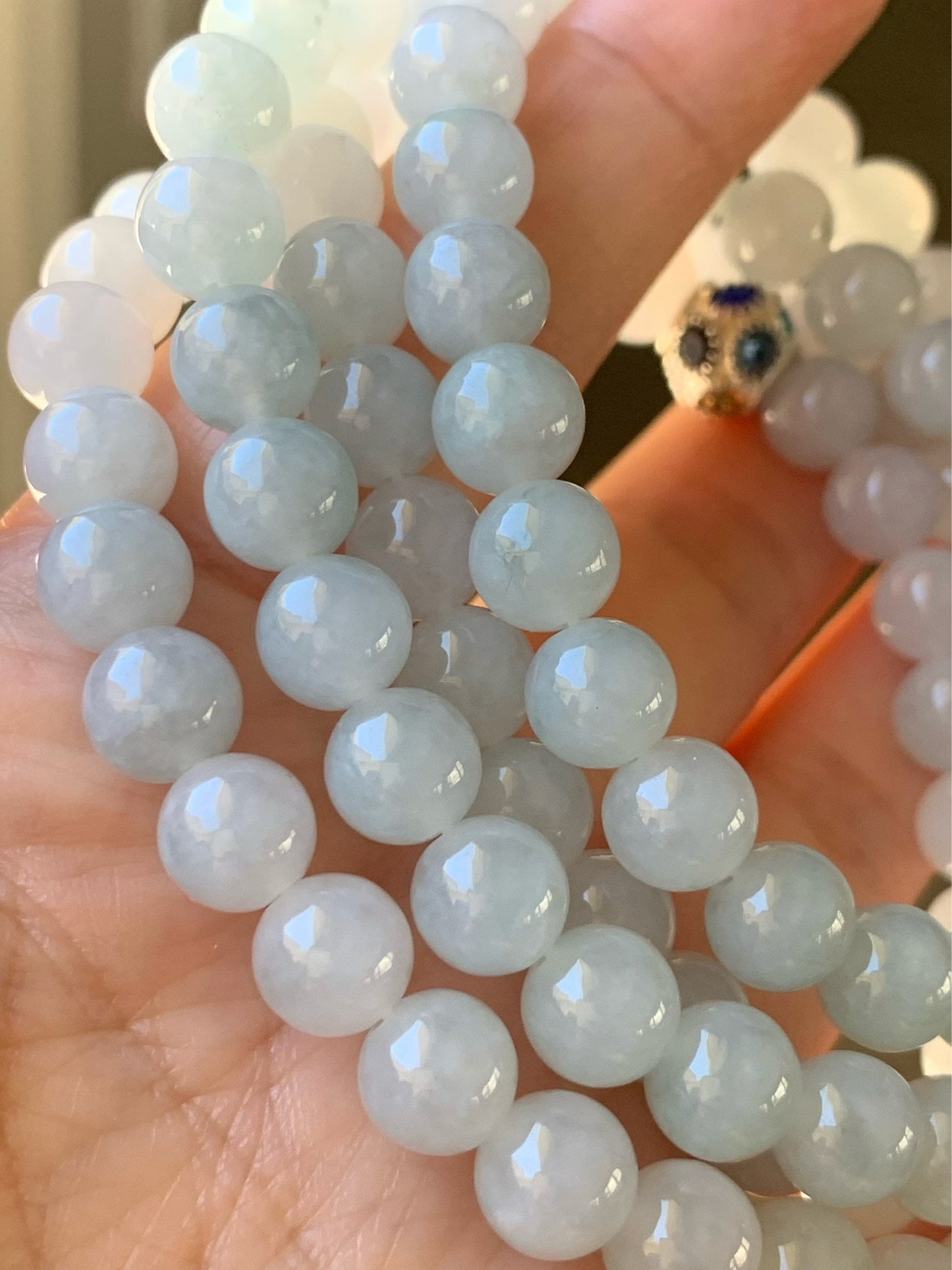 Burmese Natural Icy Translucent Gelatinous Light Green Jadeite w/ Green Marbling Beaded Necklace 7.8mm 32” 88 grams 天然缅甸正冰起胶晴底飘绿花翡翠长串