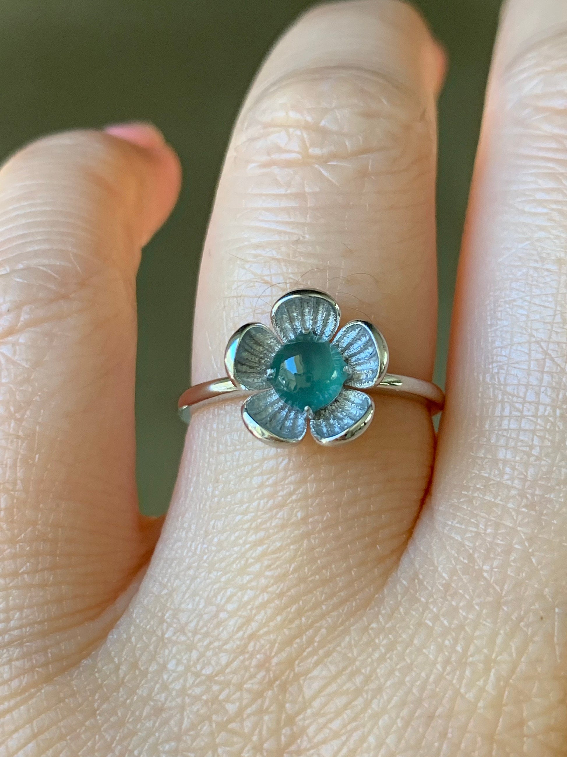 Certified Natural Burmese Icy Translucent Teal Green Jadeite Cherry Blossom Design Ring 18K White Gold size 7 天然缅甸冰湖水绿翡翠梅花白金镶嵌戒指