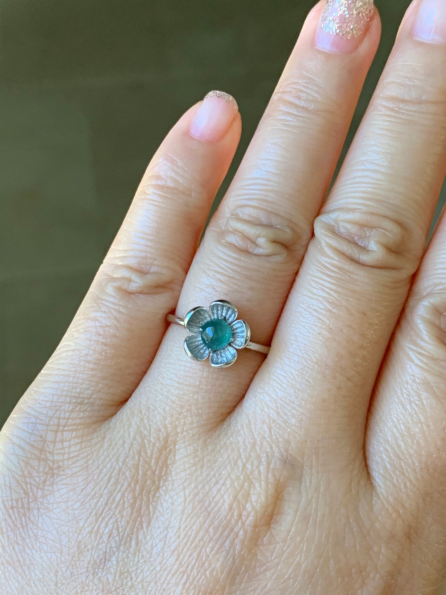 Certified Natural Burmese Icy Translucent Teal Green Jadeite Cherry Blossom Design Ring 18K White Gold size 7 天然缅甸冰湖水绿翡翠梅花白金镶嵌戒指
