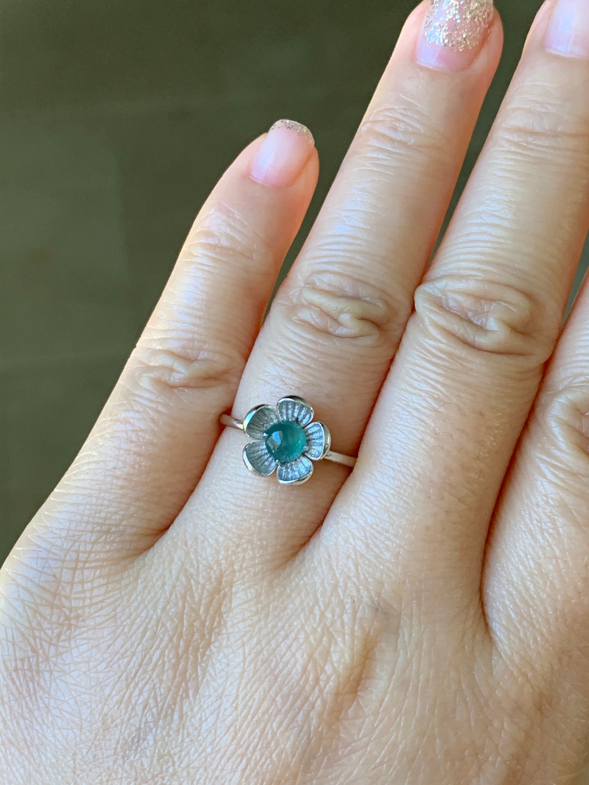Certified Natural Burmese Icy Translucent Teal Green Jadeite Cherry Blossom Design Ring 18K White Gold size 7 天然缅甸冰湖水绿翡翠梅花白金镶嵌戒指
