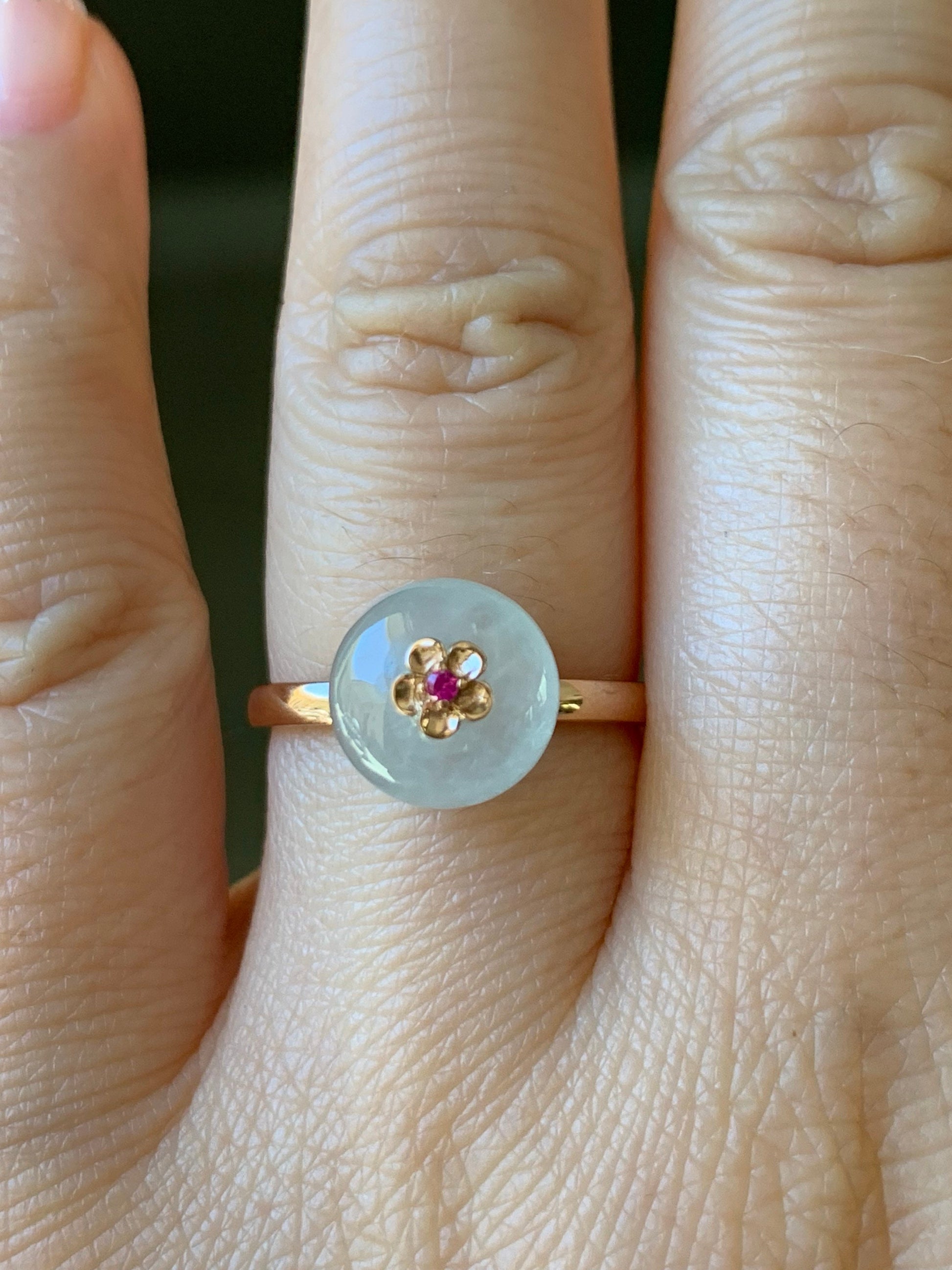 Certified Burmese Icy Highly Translucent Gelatinous Icy Jadeite Ping An Kou Ring 18K Rose Gold with Ruby Sz 7 天然缅甸正冰平安扣翡翠红宝石K玫镶嵌戒指