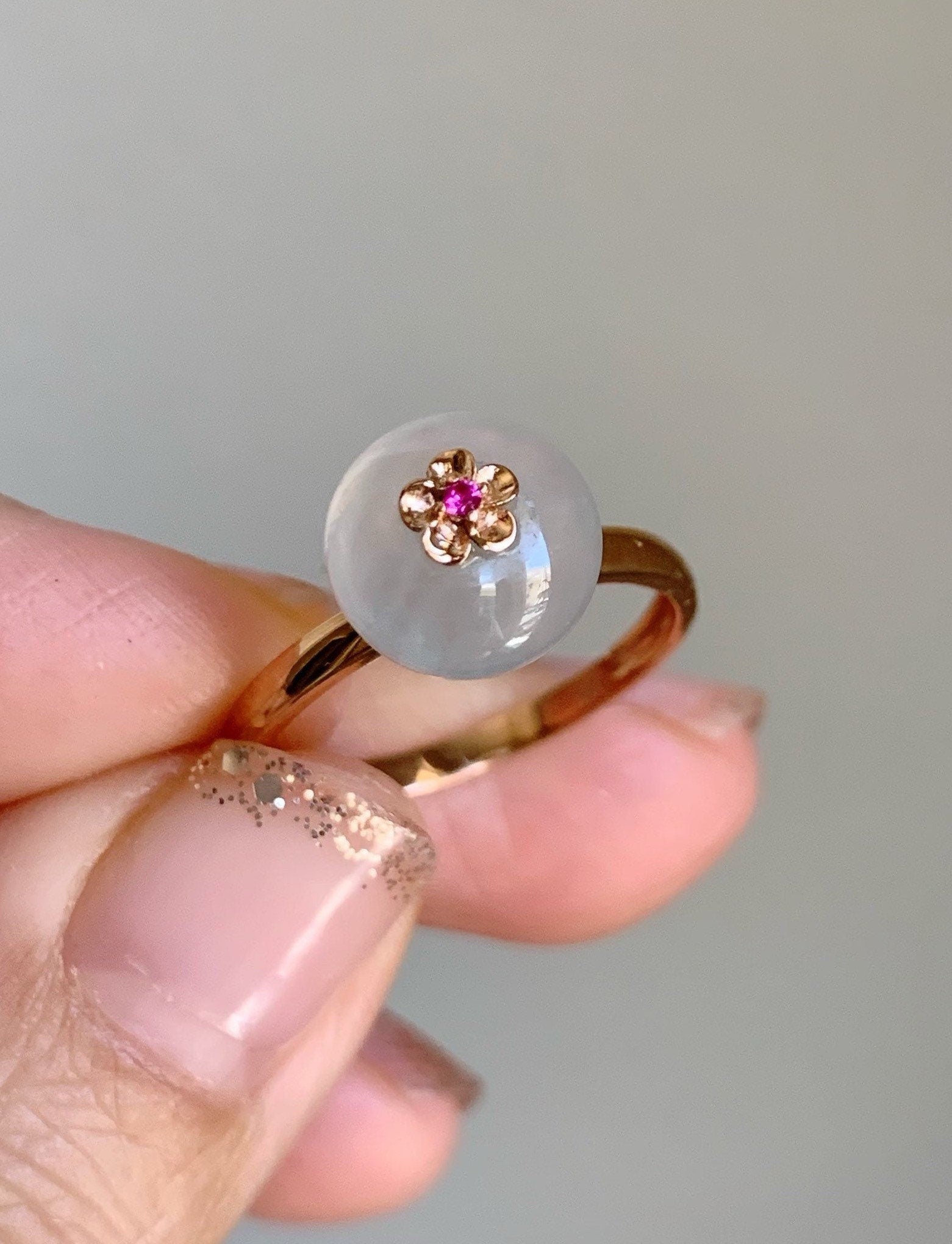 Certified Burmese Icy Highly Translucent Gelatinous Icy Jadeite Ping An Kou Ring 18K Rose Gold with Ruby Sz 7 天然缅甸正冰平安扣翡翠红宝石K玫镶嵌戒指
