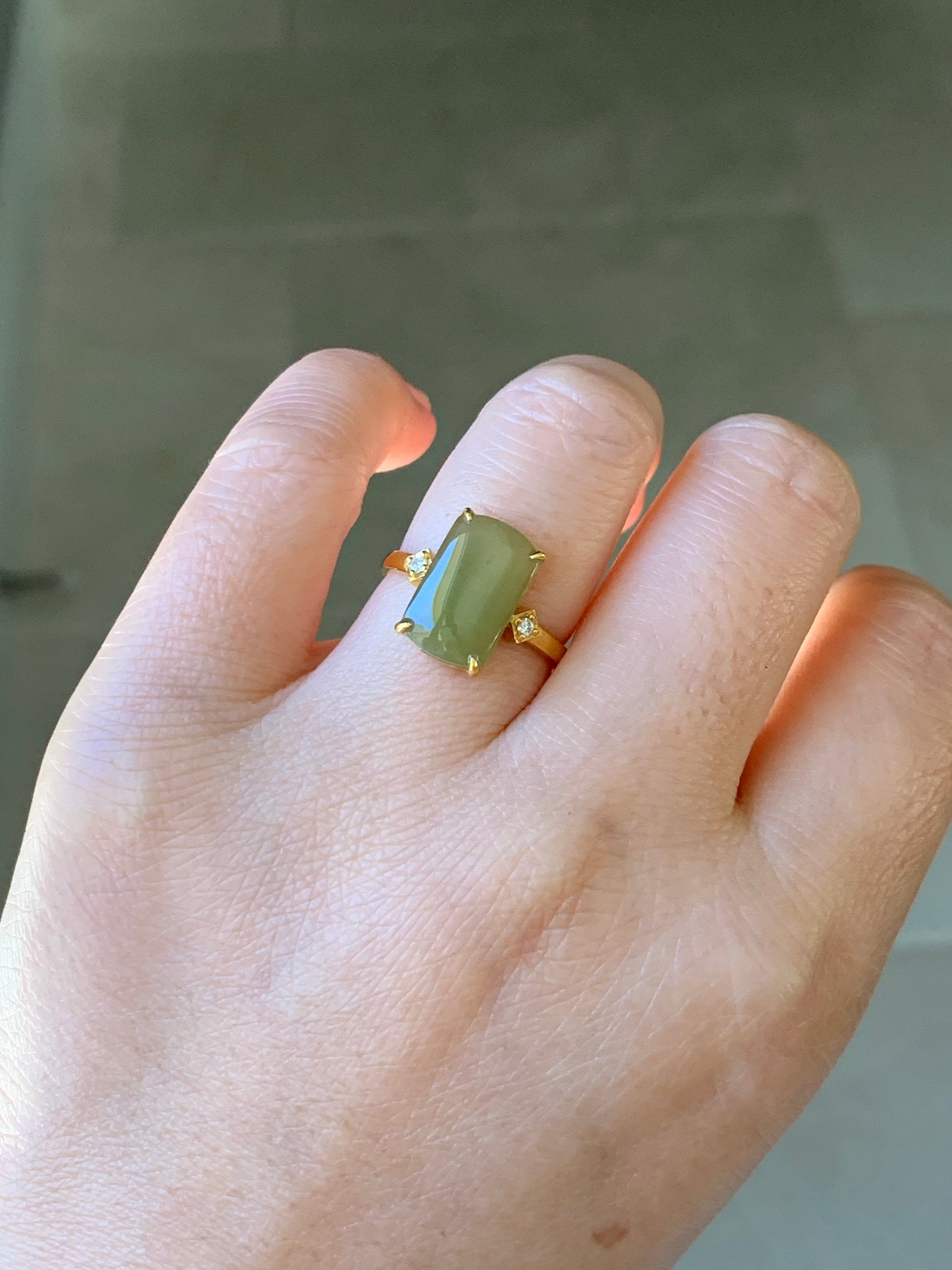 Certified Natural Burmese Icy Translucent Yellow Jadeite Saddle Ring Size 7 18K Yellow Gold & Diamonds 天然老种缅甸冰寿黄翡翠马鞍钻石镶嵌戒指