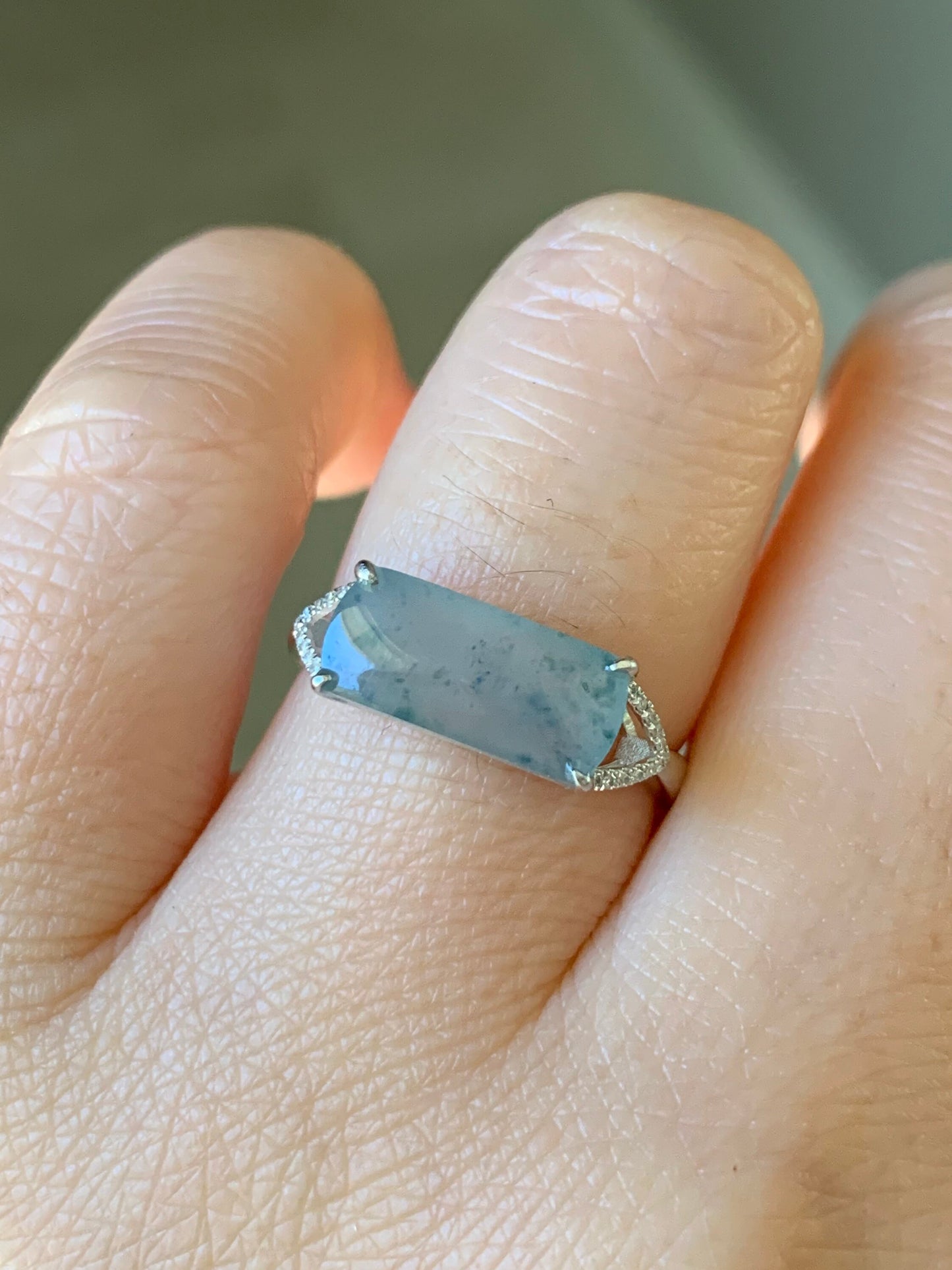 Certified Natural Burmese Icy Highly Translucent Light Green Jadeite Saddle Ring Size 7 18K White Gold & Diamonds 天然老种缅甸冰晴翡翠马鞍钻石镶嵌戒指