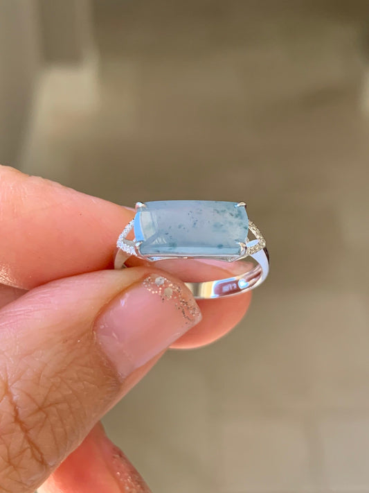 Certified Natural Burmese Icy Highly Translucent Light Green Jadeite Saddle Ring Size 7 18K White Gold & Diamonds 天然老种缅甸冰晴翡翠马鞍钻石镶嵌戒指