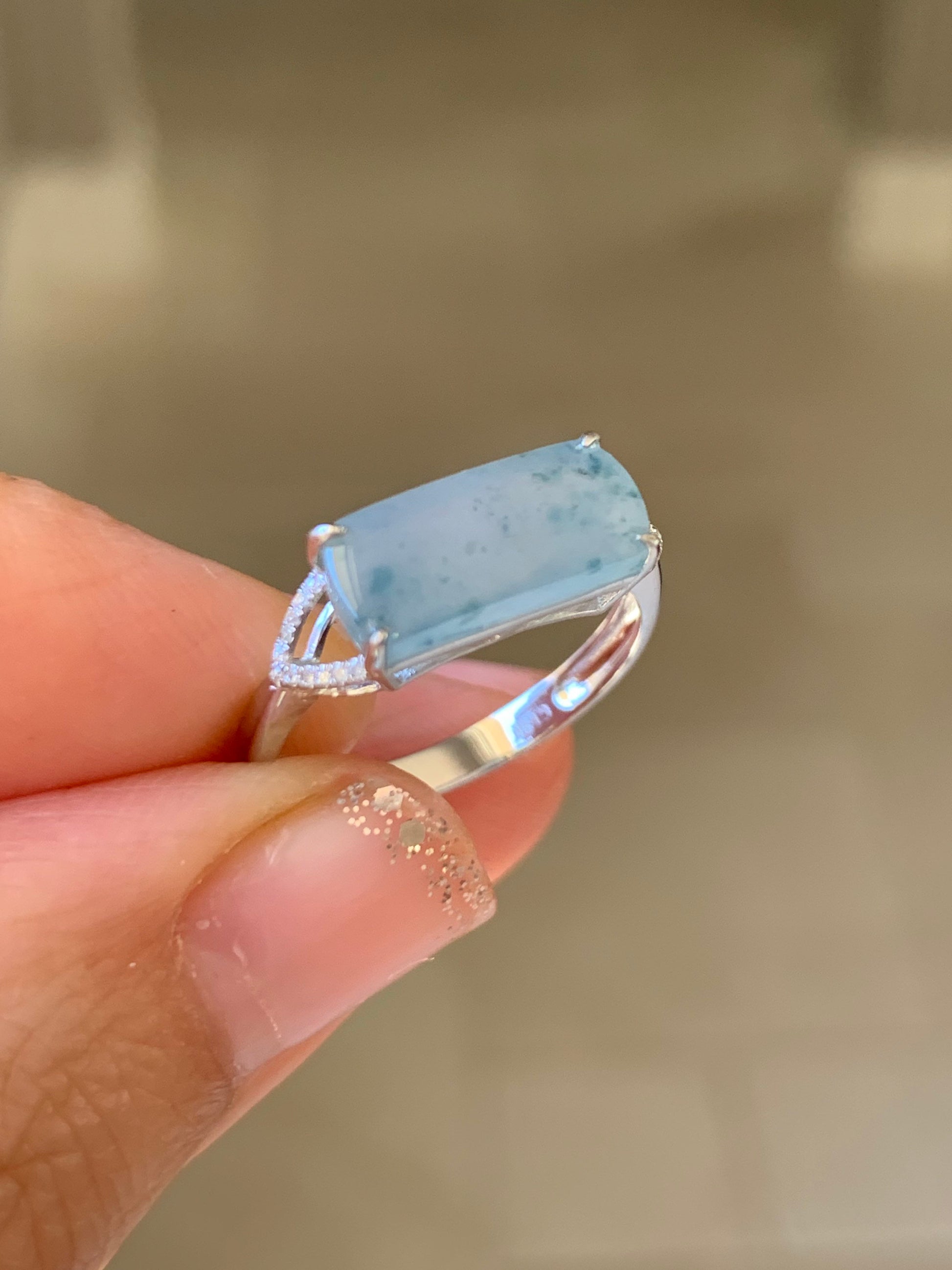 Certified Natural Burmese Icy Highly Translucent Light Green Jadeite Saddle Ring Size 7 18K White Gold & Diamonds 天然老种缅甸冰晴翡翠马鞍钻石镶嵌戒指
