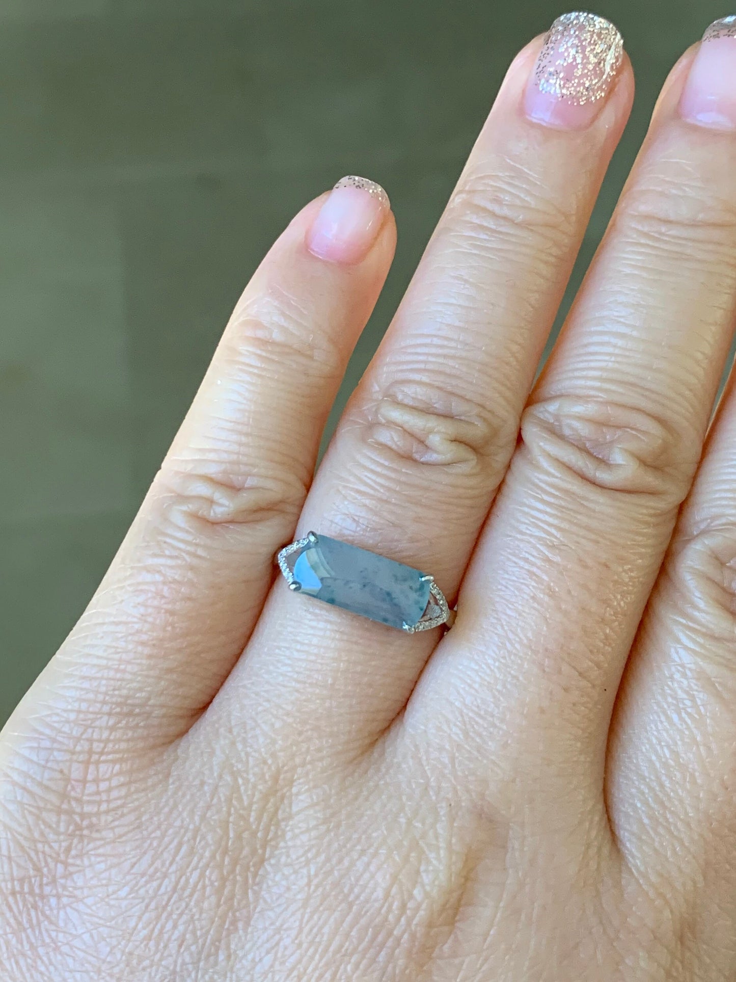 Certified Natural Burmese Icy Highly Translucent Light Green Jadeite Saddle Ring Size 7 18K White Gold & Diamonds 天然老种缅甸冰晴翡翠马鞍钻石镶嵌戒指