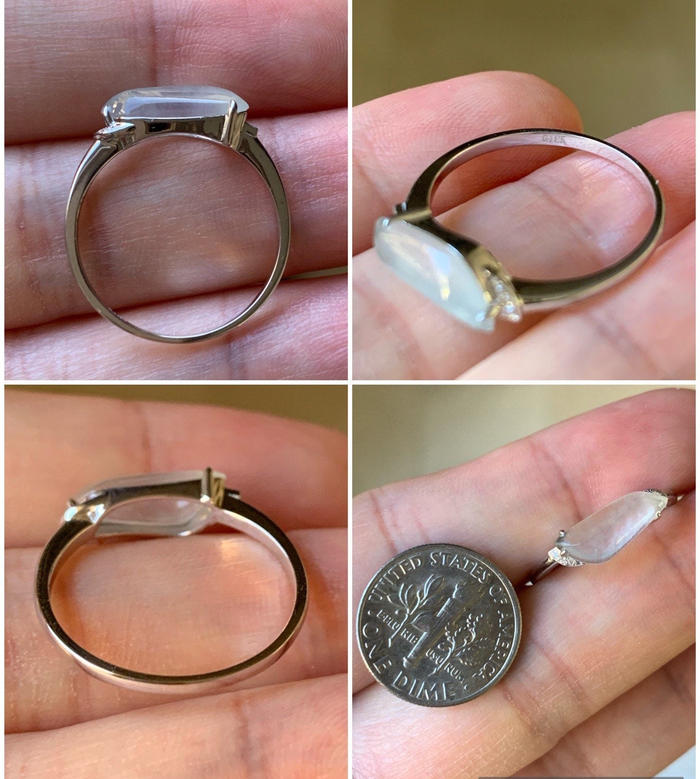 Certified 18K White Gold Burmese Premium Icy White Jadeite Horse Eye Cut Ring with Diamonds Sz 7 天然缅甸起光起冰翡翠马眼随形镶嵌戒指