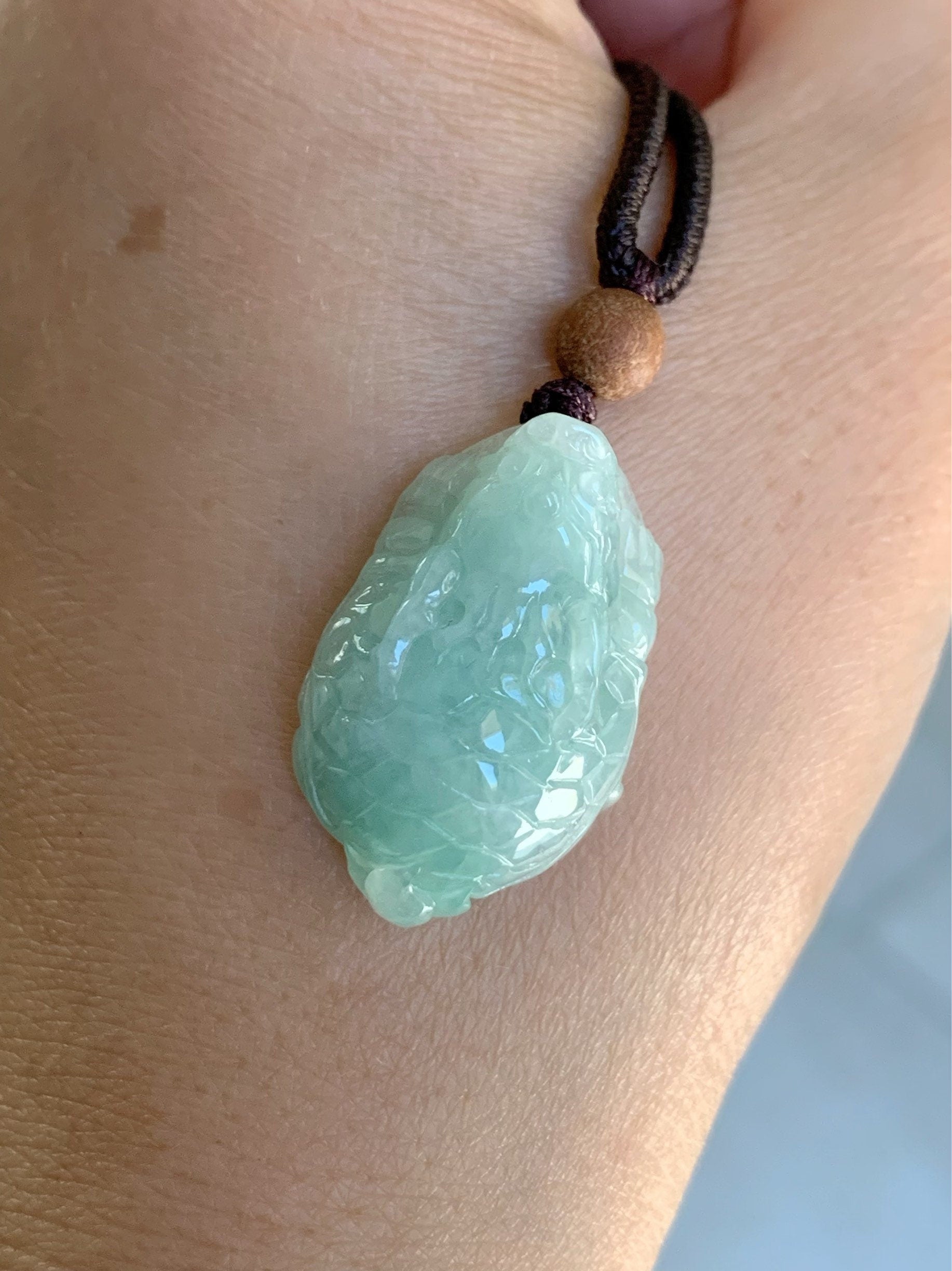 Natural Burmese Icy Translucent Light Green Jadeite Male Dragon Turtle Pendant Rope Necklace Adjustable 25” 10 Grams DT02 天然缅甸糯冰晴底翡翠带吧龙龟吊坠