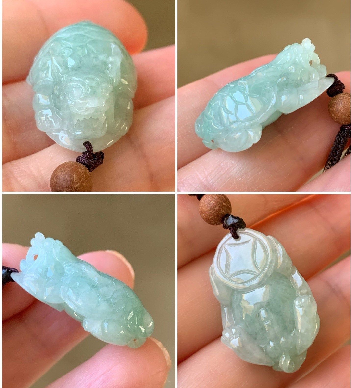 Natural Burmese Icy Translucent Light Green Jadeite Male Dragon Turtle Pendant Rope Necklace Adjustable 25” 10 Grams DT02 天然缅甸糯冰晴底翡翠带吧龙龟吊坠