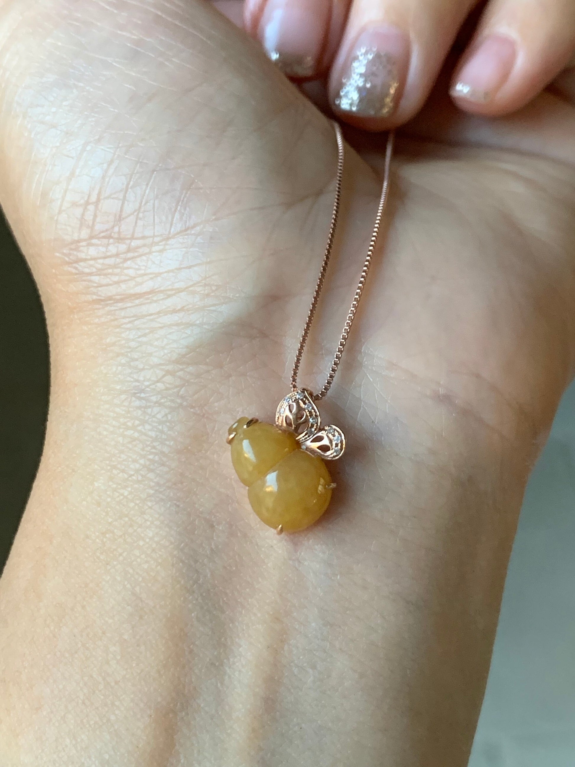 Certified Natural Burmese Icy Translucent Jadeite Gourd Hulu Pendant in 18K Rose Gold with Diamonds 天然缅甸黄翡葫芦K玫钻石镶嵌吊坠