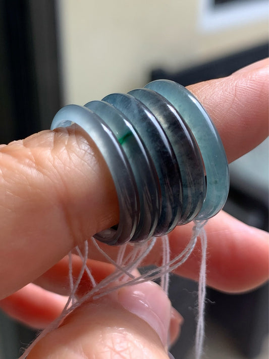 Natural Guatemalan Highly Translucent Blue Wuji & Green Marbling Jadeite Band Rings Skinny Band Size Varies 天然危地马拉起光起冰蓝乌鸡飘绿花翡翠戒圈