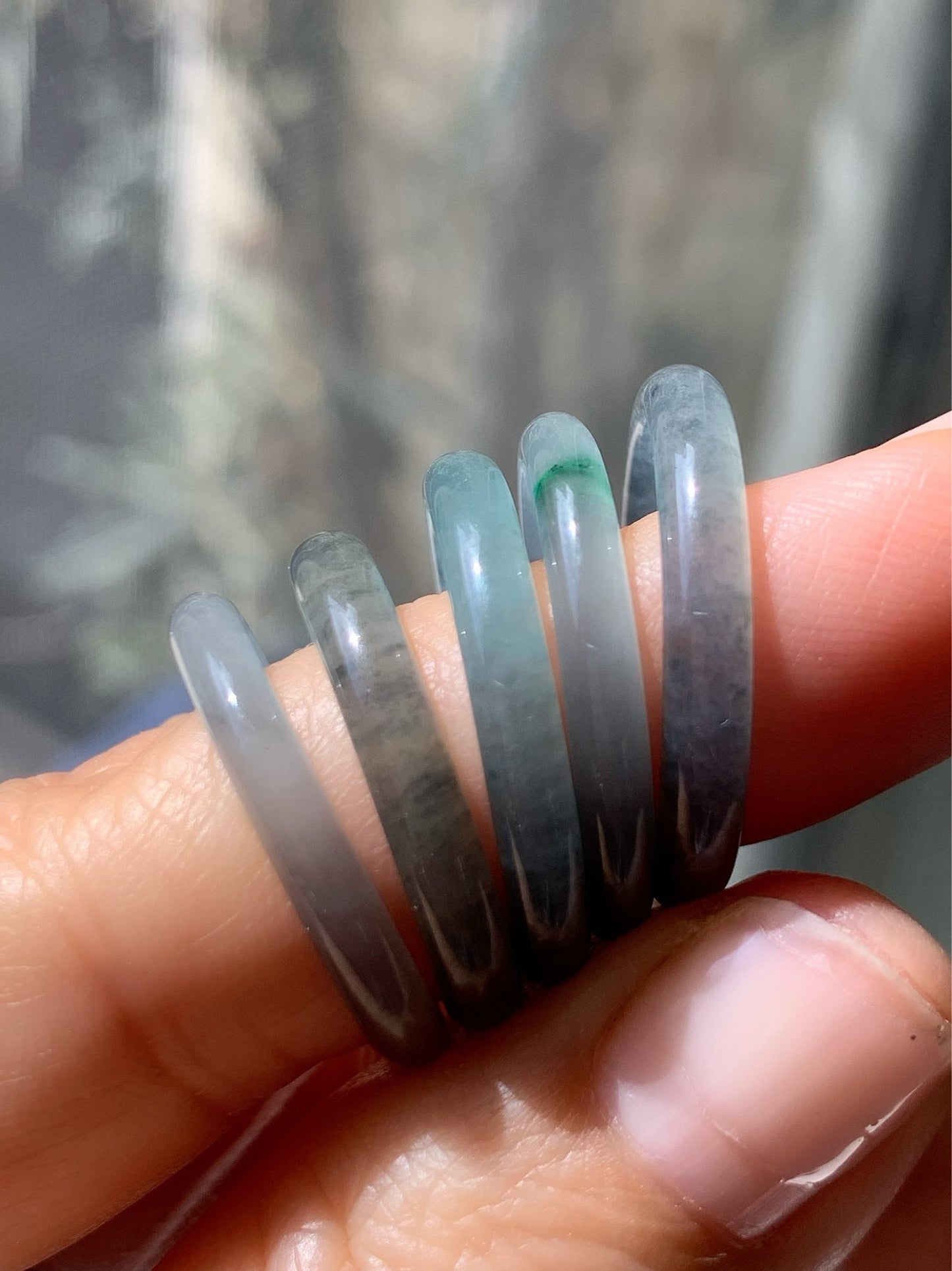 Natural Guatemalan Highly Translucent Blue Wuji & Green Marbling Jadeite Band Rings Skinny Band Size Varies 天然危地马拉起光起冰蓝乌鸡飘绿花翡翠戒圈