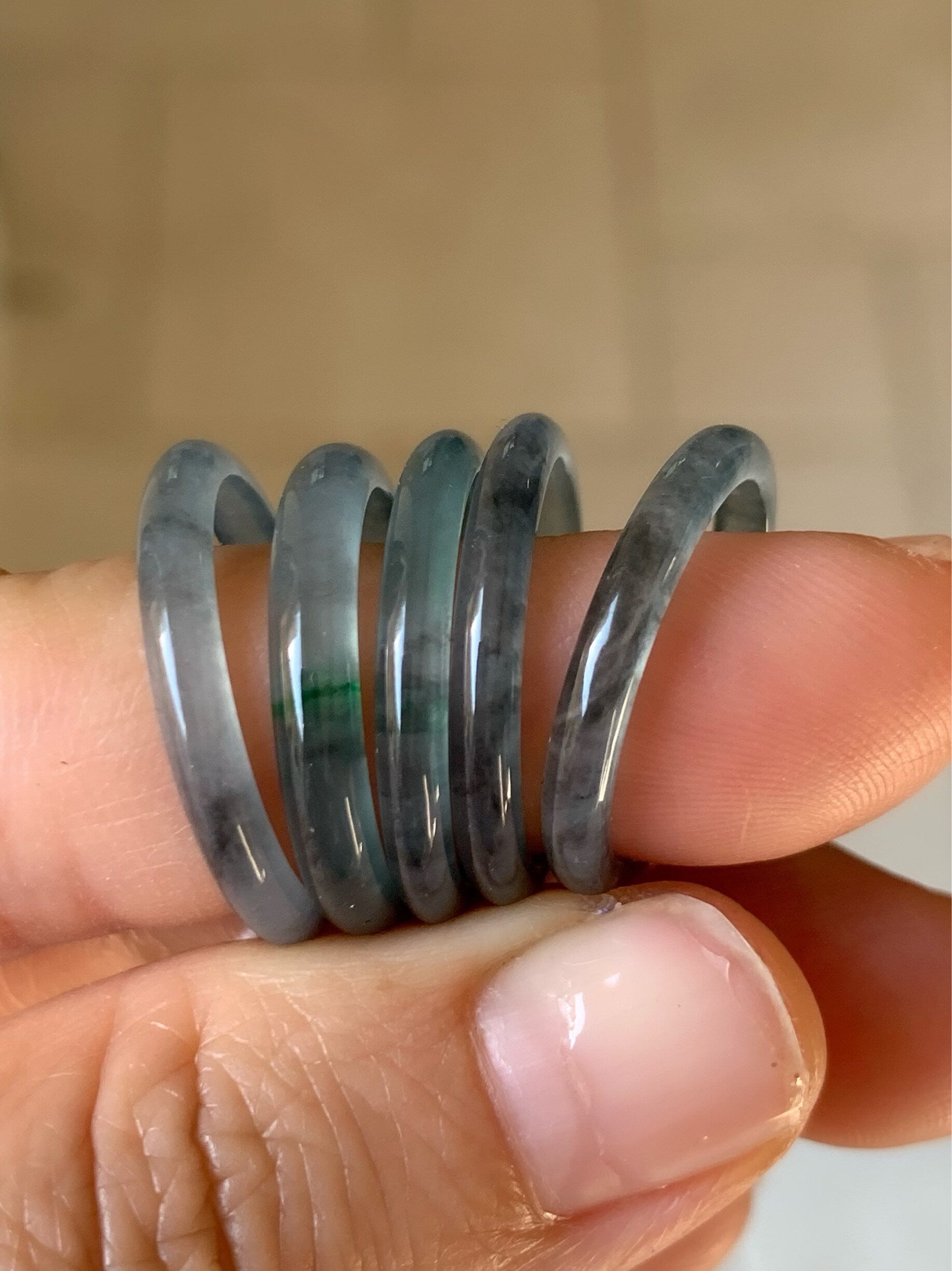 Natural Guatemalan Highly Translucent Blue Wuji & Green Marbling Jadeite Band Rings Skinny Band Size Varies 天然危地马拉起光起冰蓝乌鸡飘绿花翡翠戒圈