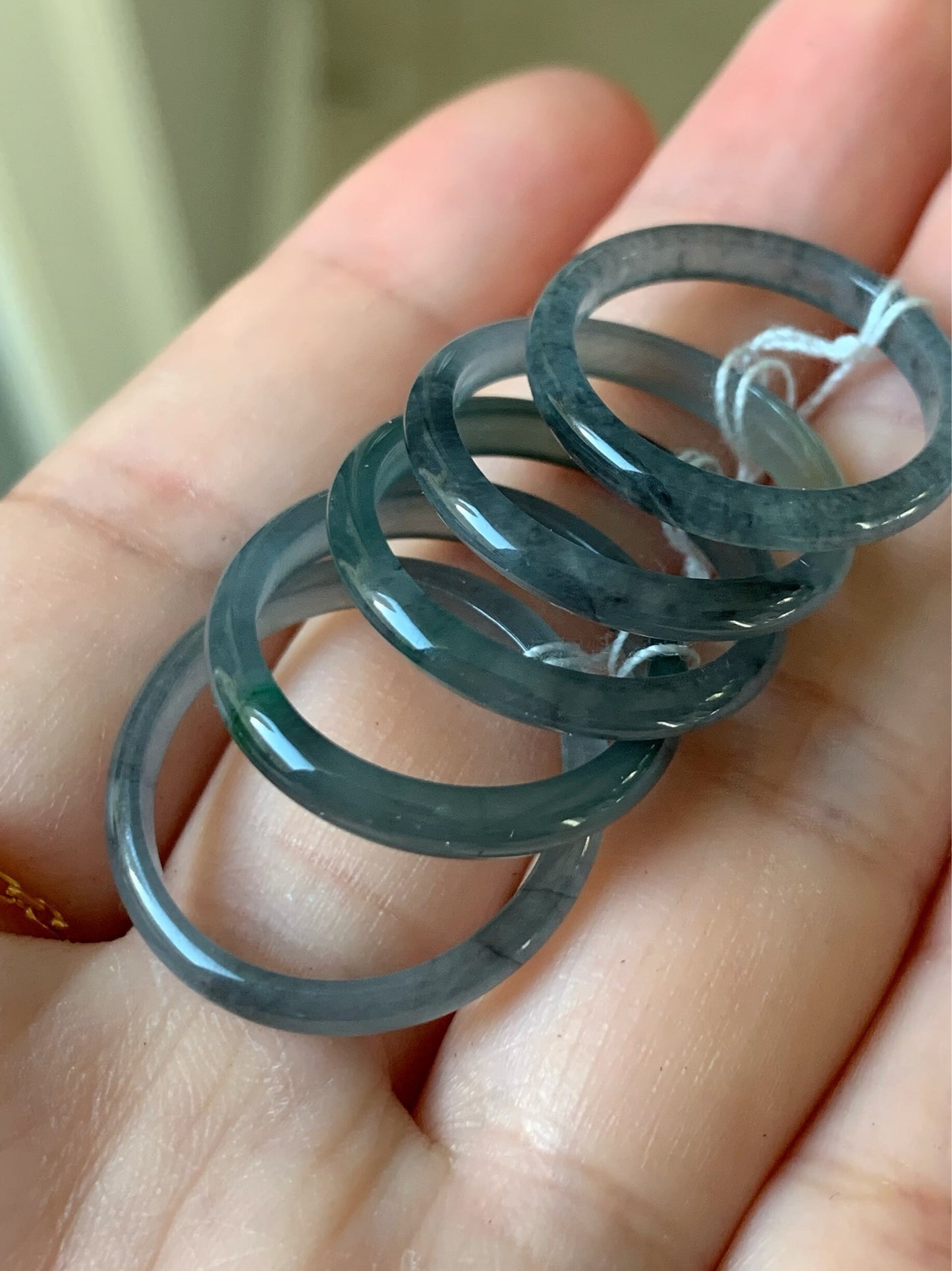 Natural Guatemalan Highly Translucent Blue Wuji & Green Marbling Jadeite Band Rings Skinny Band Size Varies 天然危地马拉起光起冰蓝乌鸡飘绿花翡翠戒圈