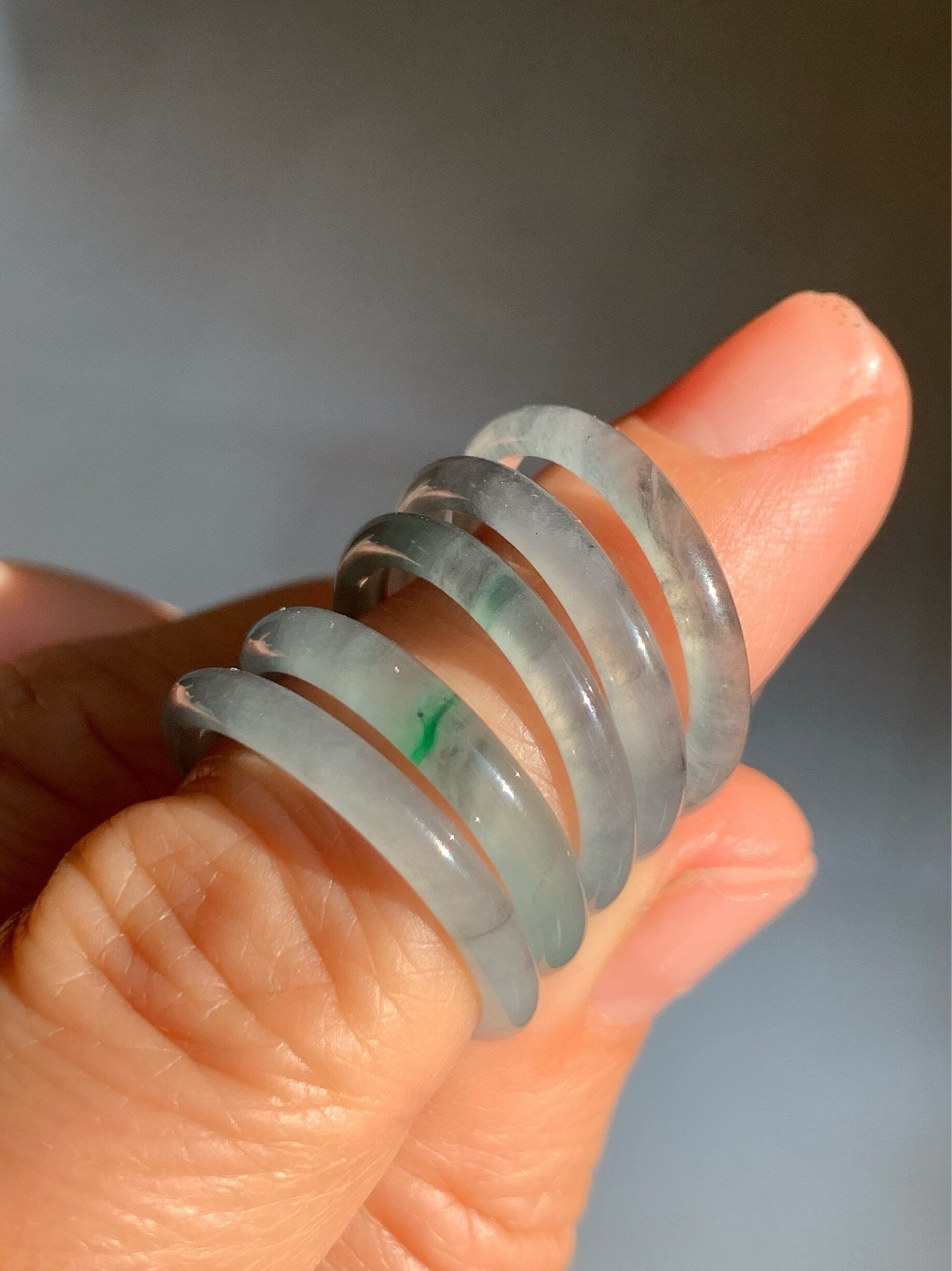 Natural Guatemalan Highly Translucent Blue Wuji & Green Marbling Jadeite Band Rings Skinny Band Size Varies 天然危地马拉起光起冰蓝乌鸡飘绿花翡翠戒圈