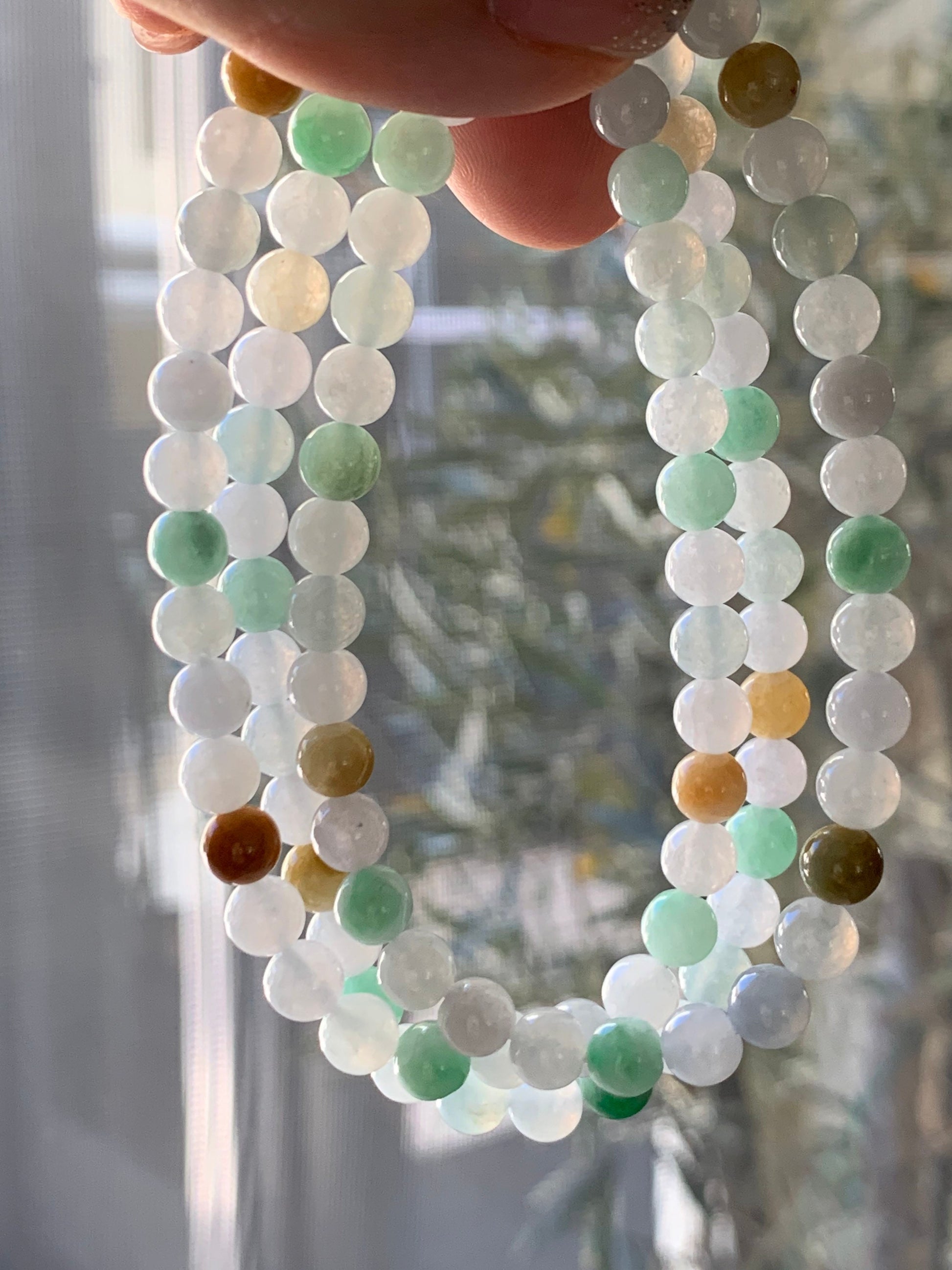 Grade A Natural Burmese Icy Translucent and Gelatinous Multi-Colored Jadeite Beaded Necklace 5.9mm 24” 天然缅甸冰胶多宝翡翠长串