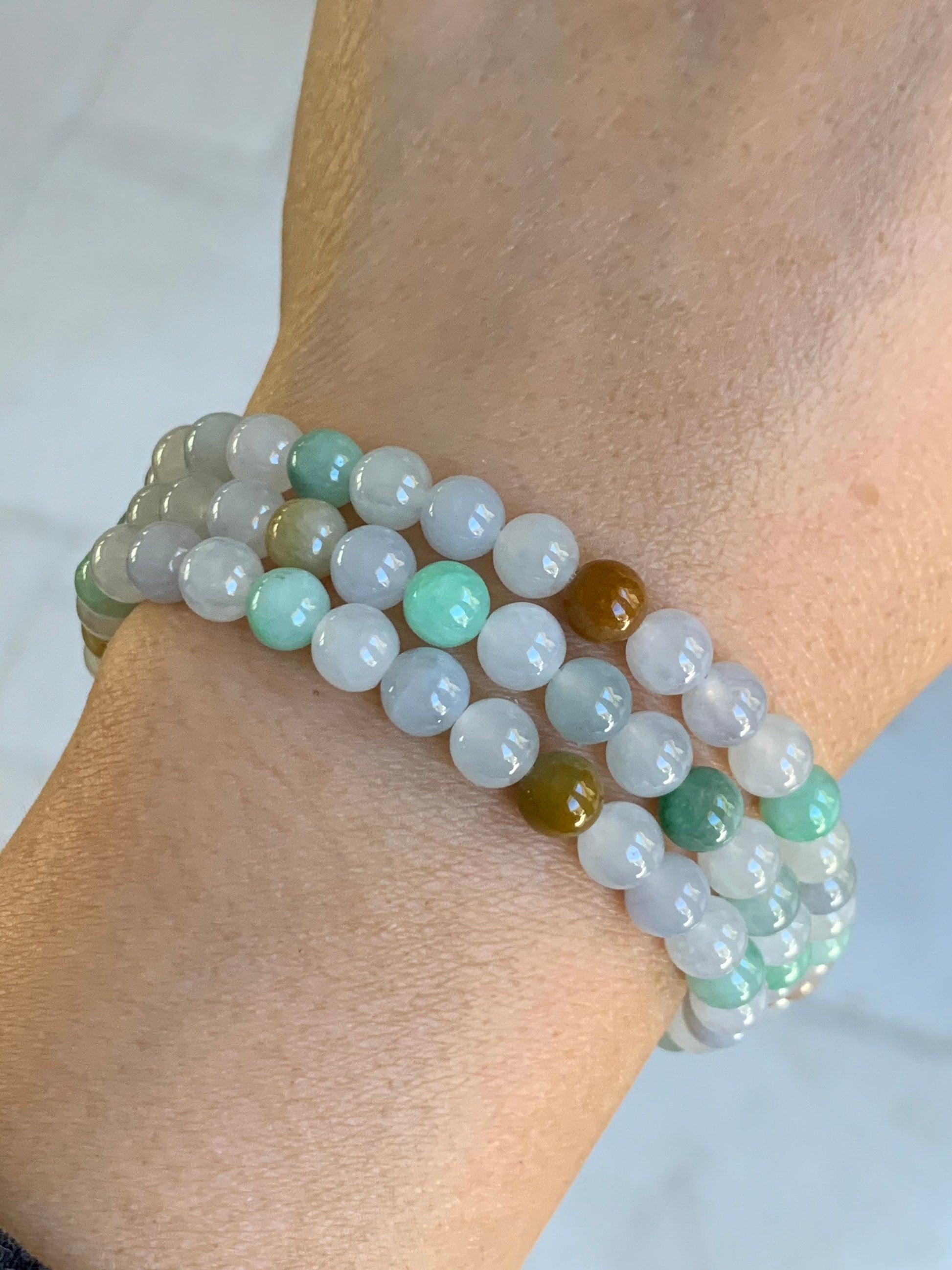 Grade A Natural Burmese Icy Translucent and Gelatinous Multi-Colored Jadeite Beaded Necklace 5.9mm 24” 天然缅甸冰胶多宝翡翠长串