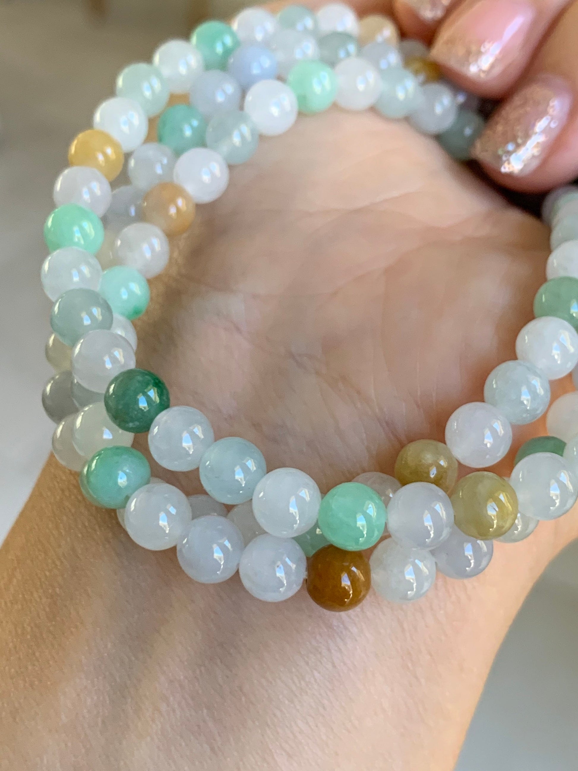 Grade A Natural Burmese Icy Translucent and Gelatinous Multi-Colored Jadeite Beaded Necklace 5.9mm 24” 天然缅甸冰胶多宝翡翠长串