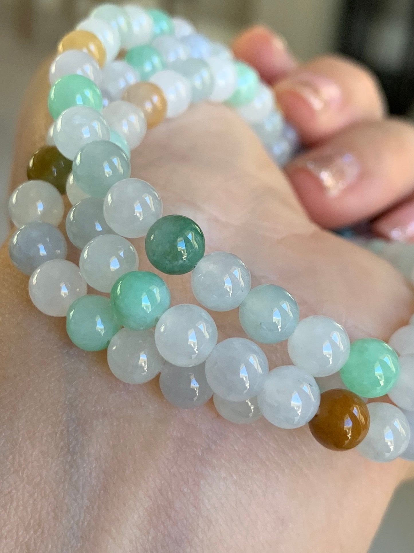 Grade A Natural Burmese Icy Translucent and Gelatinous Multi-Colored Jadeite Beaded Necklace 5.9mm 24” 天然缅甸冰胶多宝翡翠长串