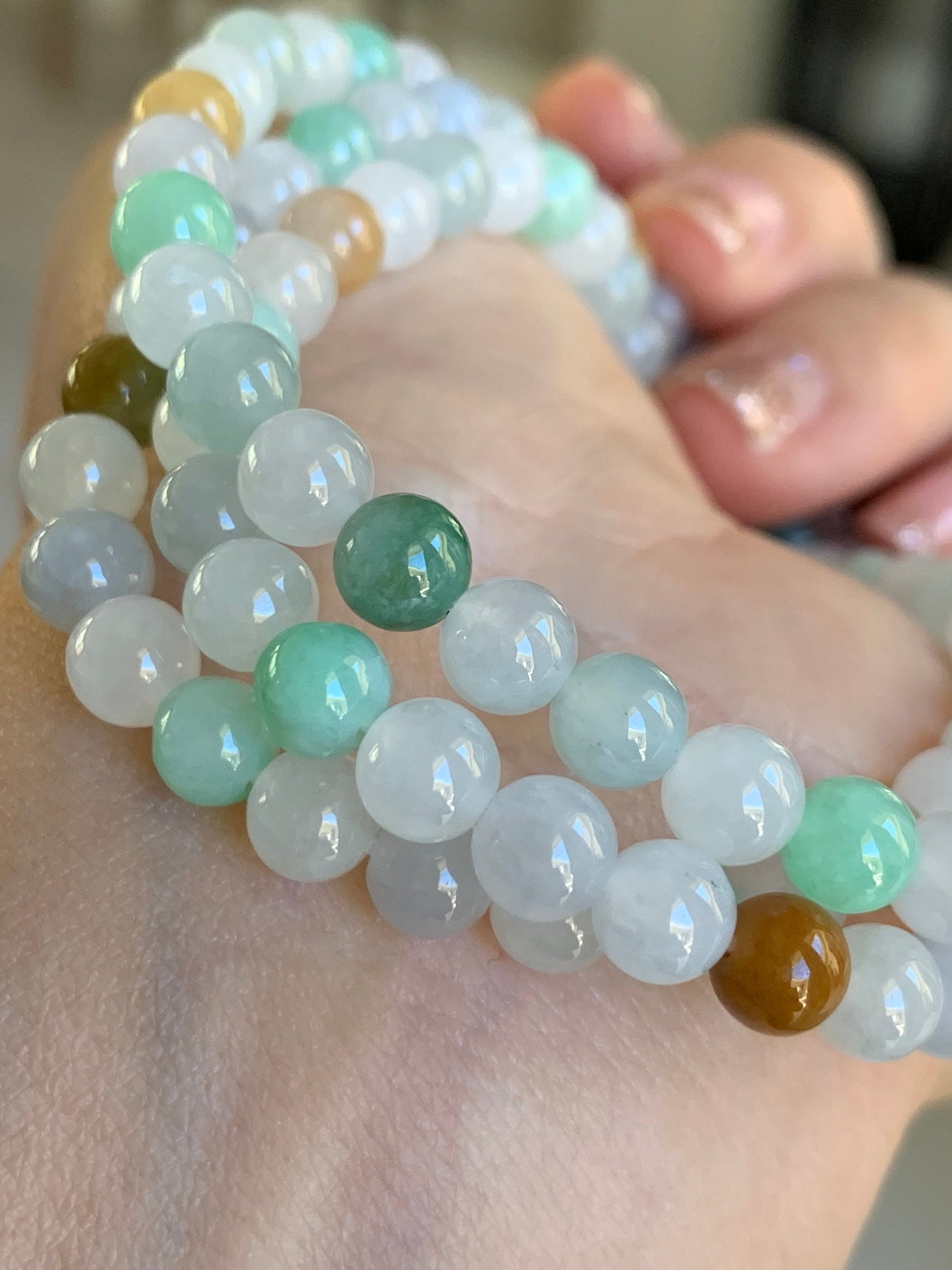 Grade A Natural Burmese Icy Translucent and Gelatinous Multi-Colored Jadeite Beaded Necklace 5.9mm 24” 天然缅甸冰胶多宝翡翠长串