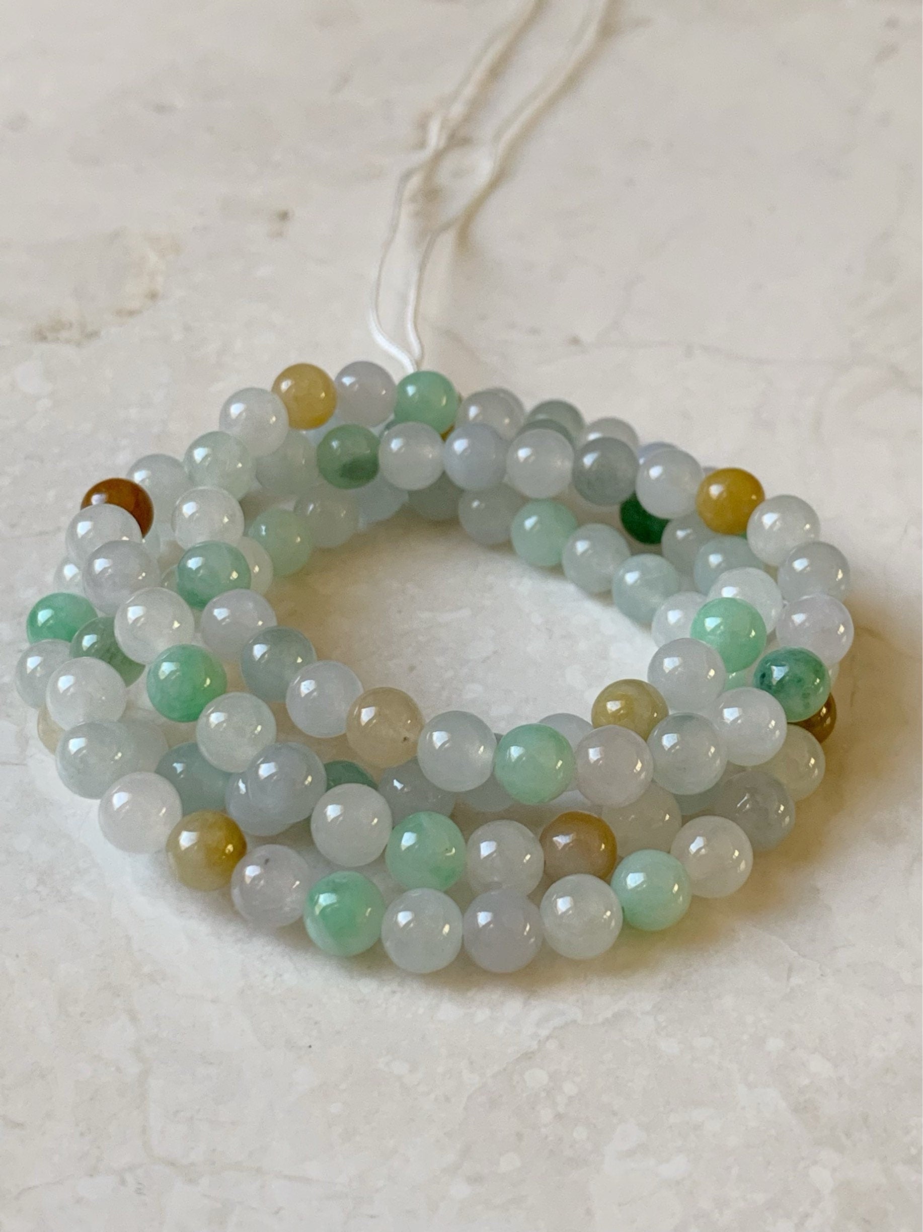 Grade A Natural Burmese Icy Translucent and Gelatinous Multi-Colored Jadeite Beaded Necklace 5.9mm 24” 天然缅甸冰胶多宝翡翠长串