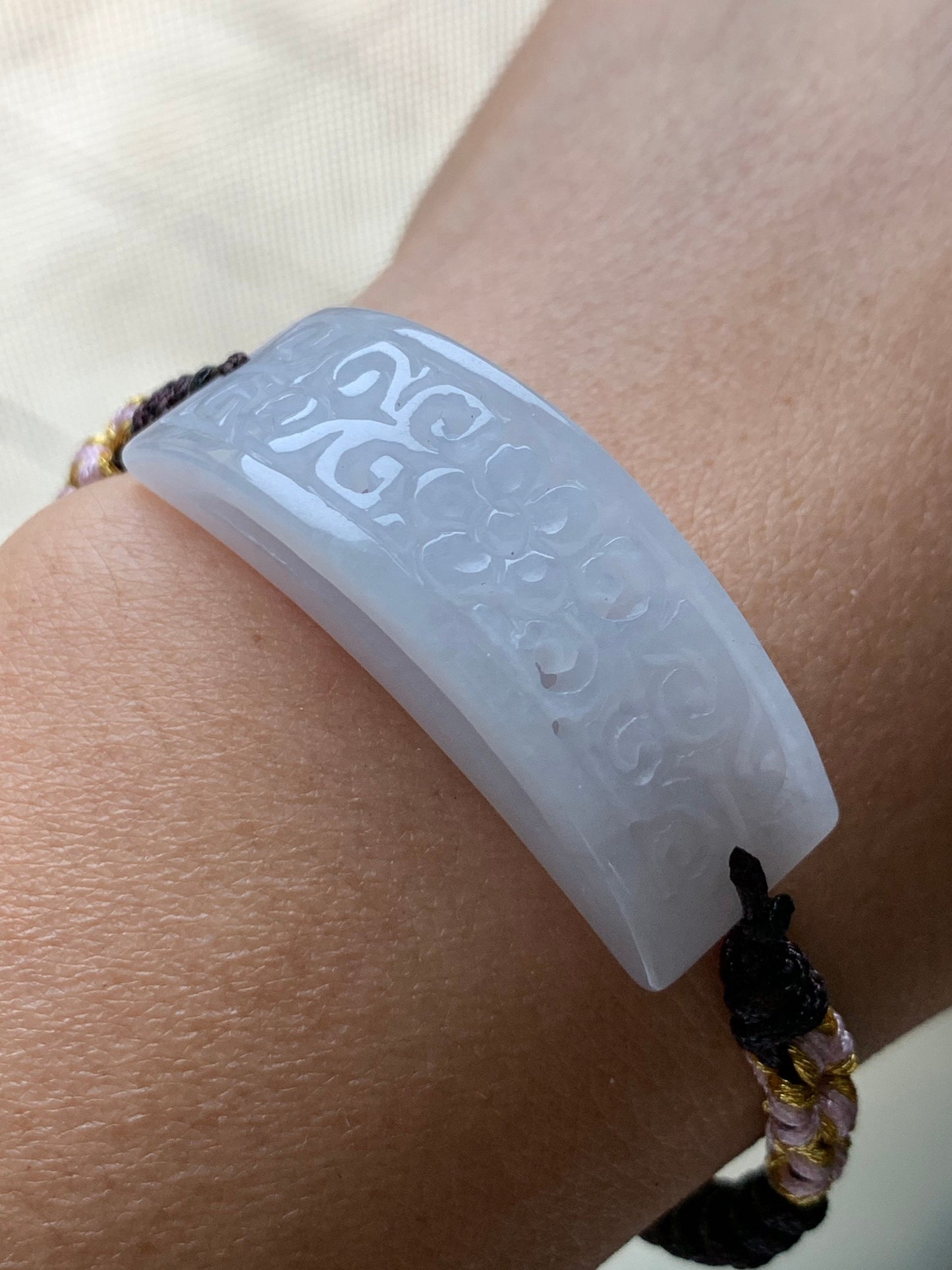 Natural Burmese Icy Translucent & Gelatinous White Jadeite Openwork Engraving Rope Bracelet Adjustable 6-10” 天然缅甸白冰玛瑙底翡翠镂空雕手牌