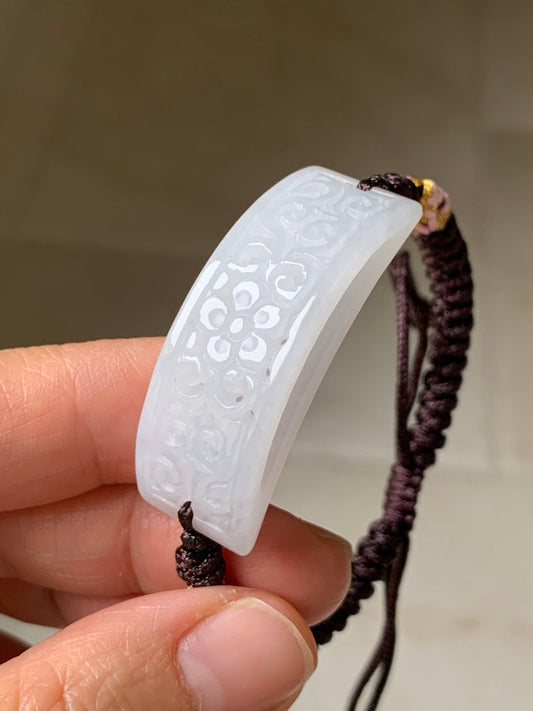 Natural Burmese Icy Translucent & Gelatinous White Jadeite Openwork Engraving Rope Bracelet Adjustable 6-10” 天然缅甸白冰玛瑙底翡翠镂空雕手牌