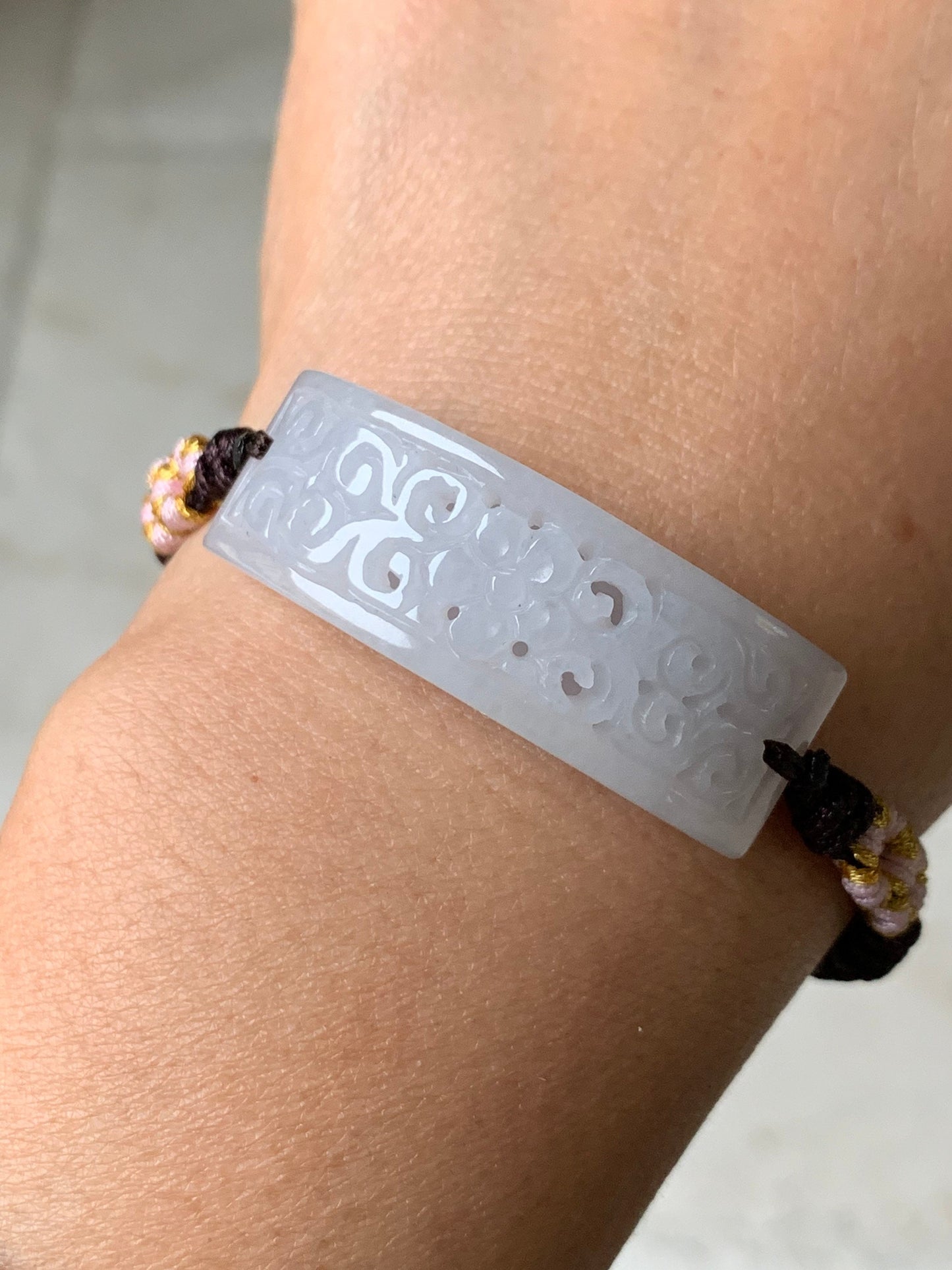 Natural Burmese Icy Translucent & Gelatinous White Jadeite Openwork Engraving Rope Bracelet Adjustable 6-10” 天然缅甸白冰玛瑙底翡翠镂空雕手牌