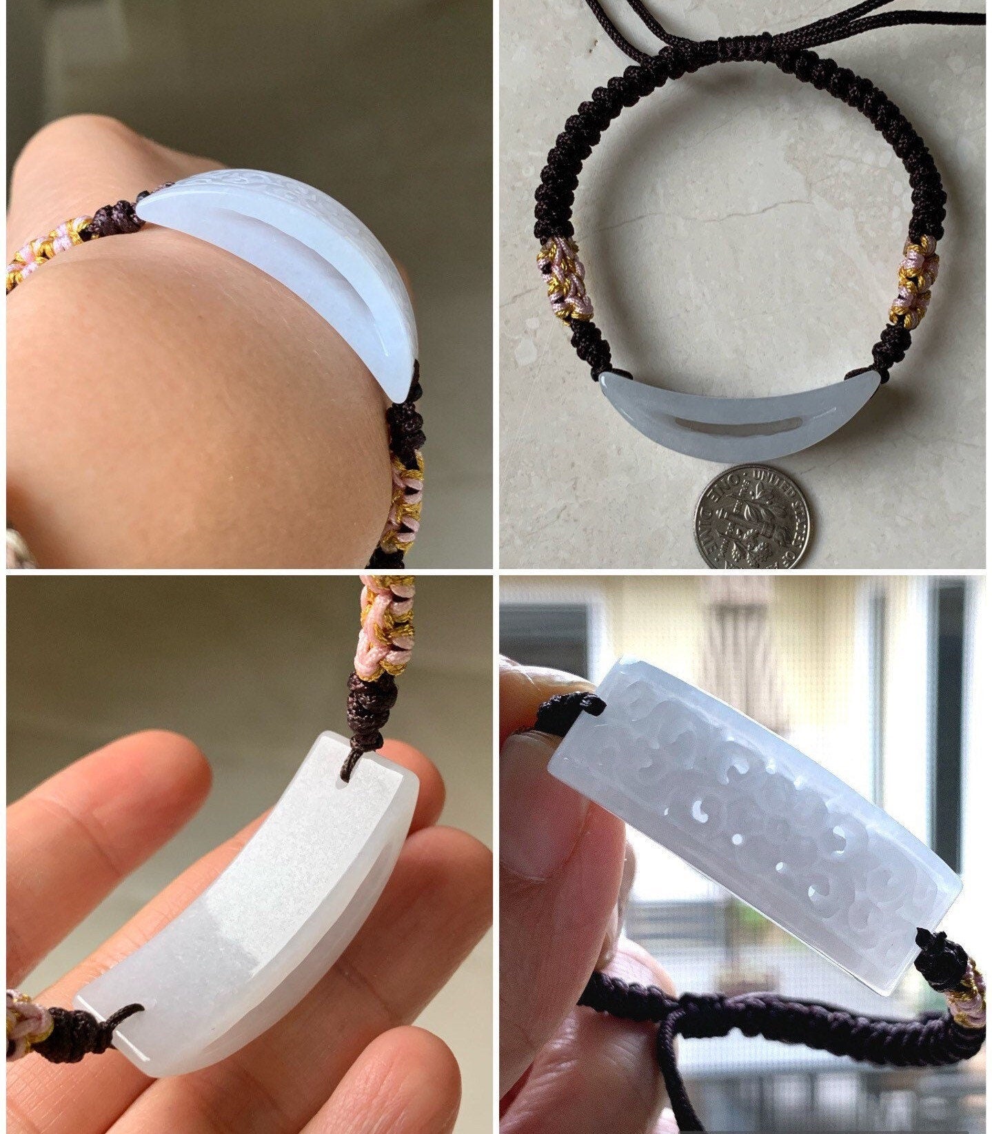 Natural Burmese Icy Translucent & Gelatinous White Jadeite Openwork Engraving Rope Bracelet Adjustable 6-10” 天然缅甸白冰玛瑙底翡翠镂空雕手牌