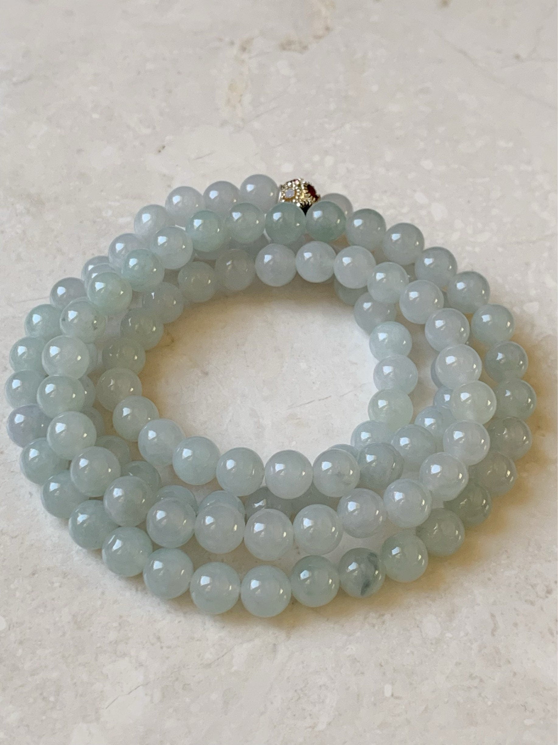 Burmese Natural Icy Translucent Gelatinous Light Green Jadeite w/ Green Marbling Beaded Necklace 7.8mm 32” 88 grams 天然缅甸正冰起胶晴底飘绿花翡翠长串