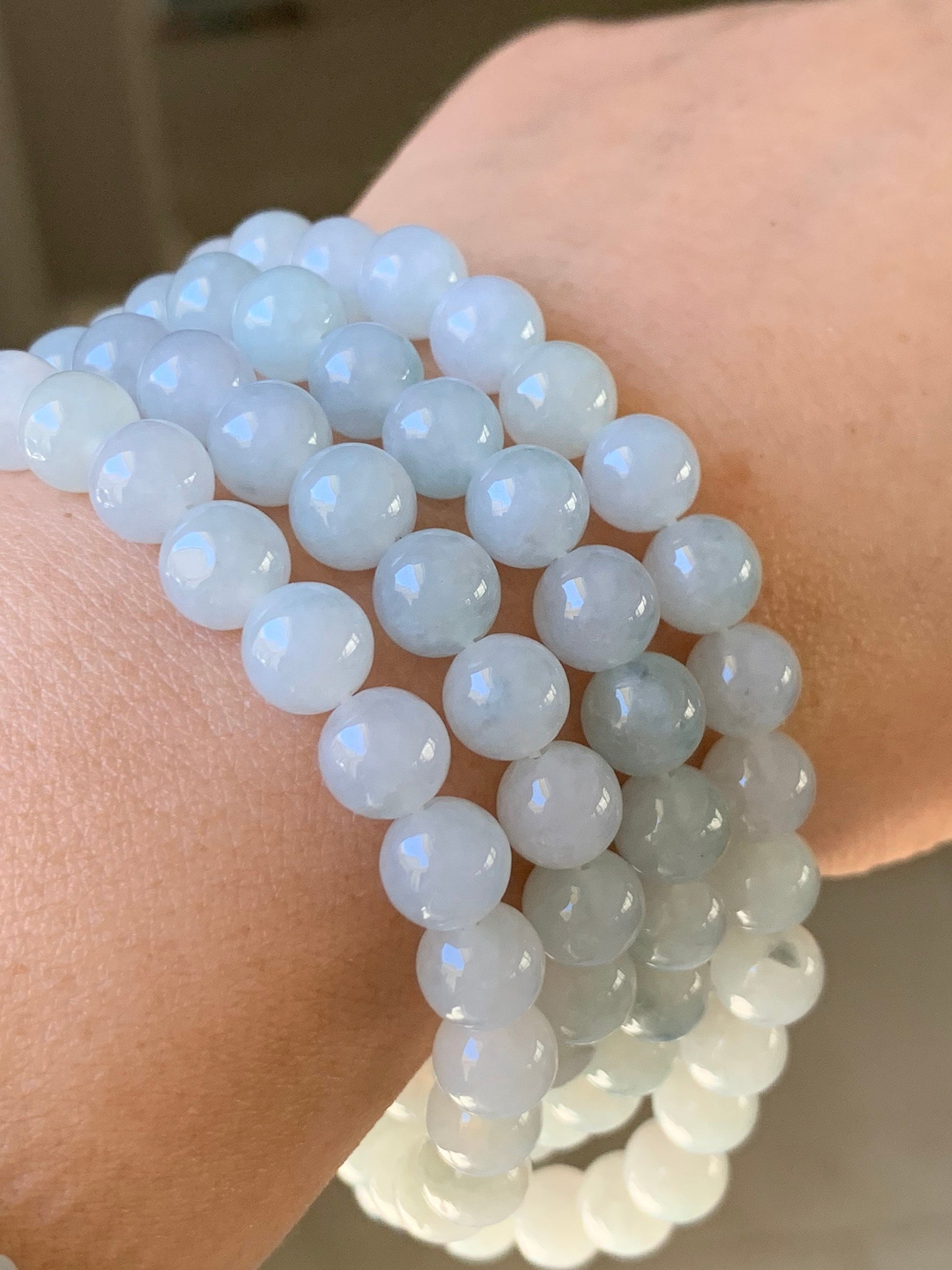Burmese Natural Icy Translucent Gelatinous Light Green Jadeite w/ Green Marbling Beaded Necklace 7.8mm 32” 88 grams 天然缅甸正冰起胶晴底飘绿花翡翠长串