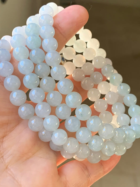 Burmese Natural Icy Translucent Gelatinous Light Green Jadeite w/ Green Marbling Beaded Necklace 7.8mm 32” 88 grams 天然缅甸正冰起胶晴底飘绿花翡翠长串