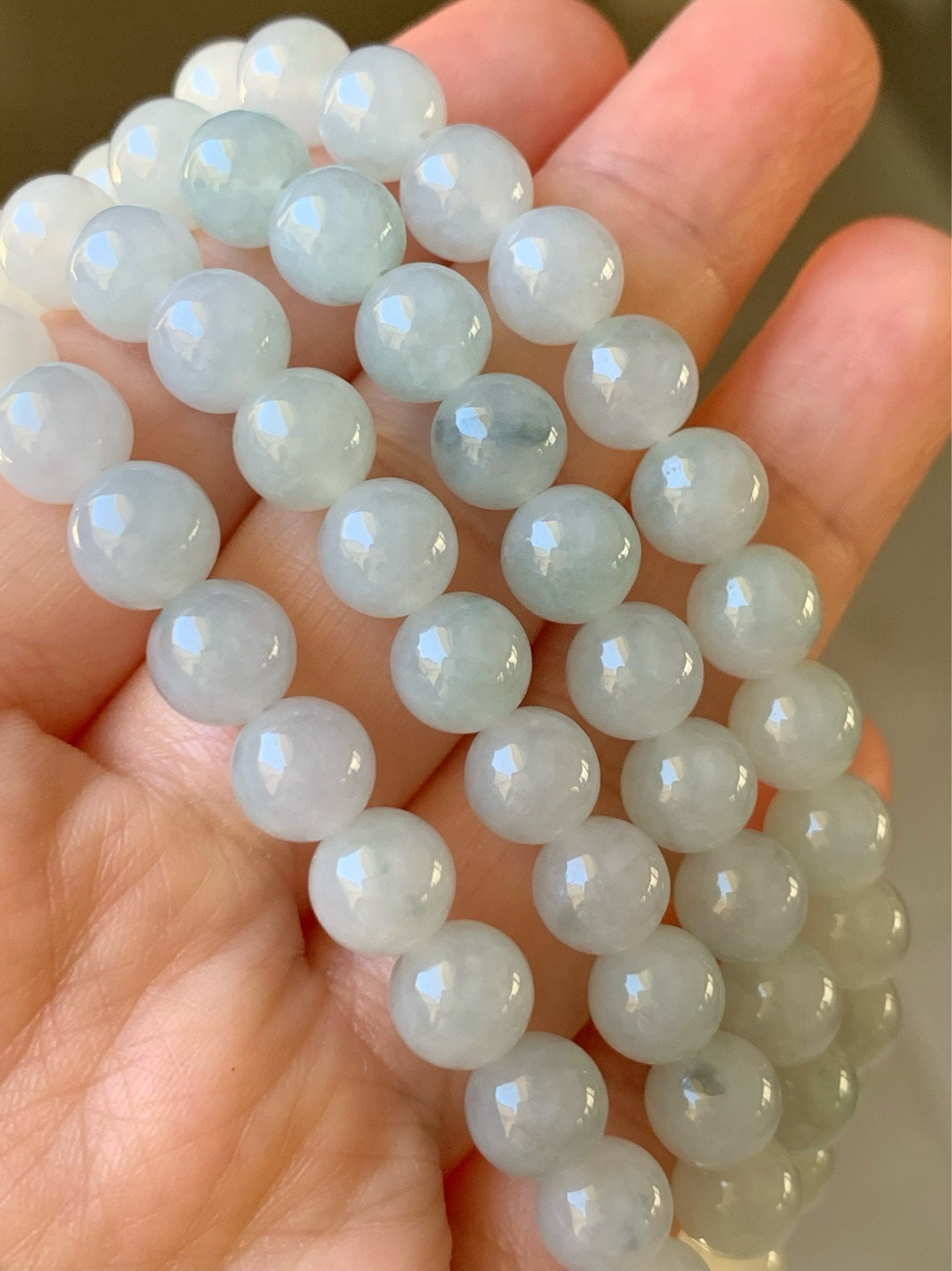 Burmese Natural Icy Translucent Gelatinous Light Green Jadeite w/ Green Marbling Beaded Necklace 7.8mm 32” 88 grams 天然缅甸正冰起胶晴底飘绿花翡翠长串