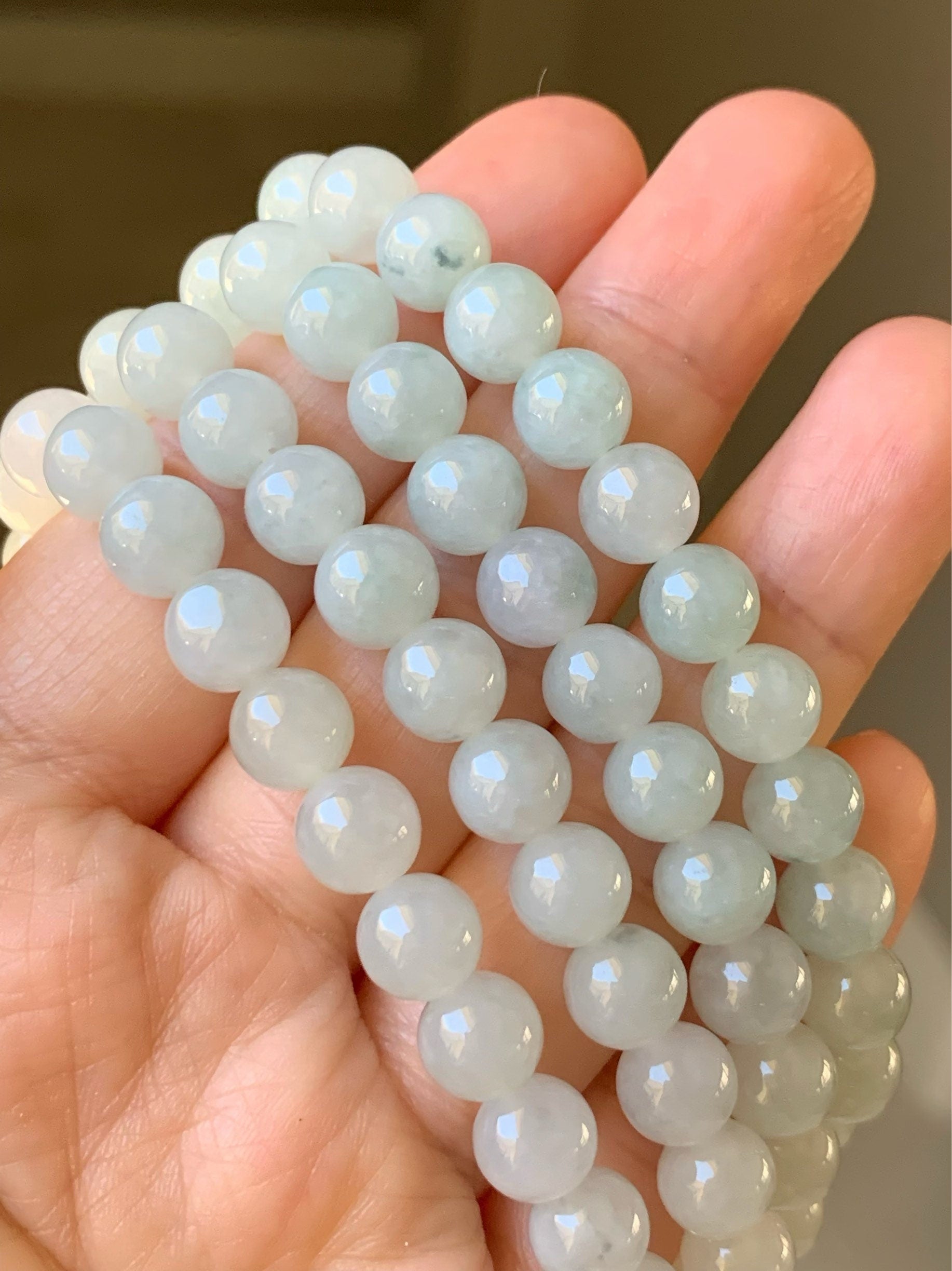 Burmese Natural Icy Translucent Gelatinous Light Green Jadeite w/ Green Marbling Beaded Necklace 7.8mm 32” 88 grams 天然缅甸正冰起胶晴底飘绿花翡翠长串