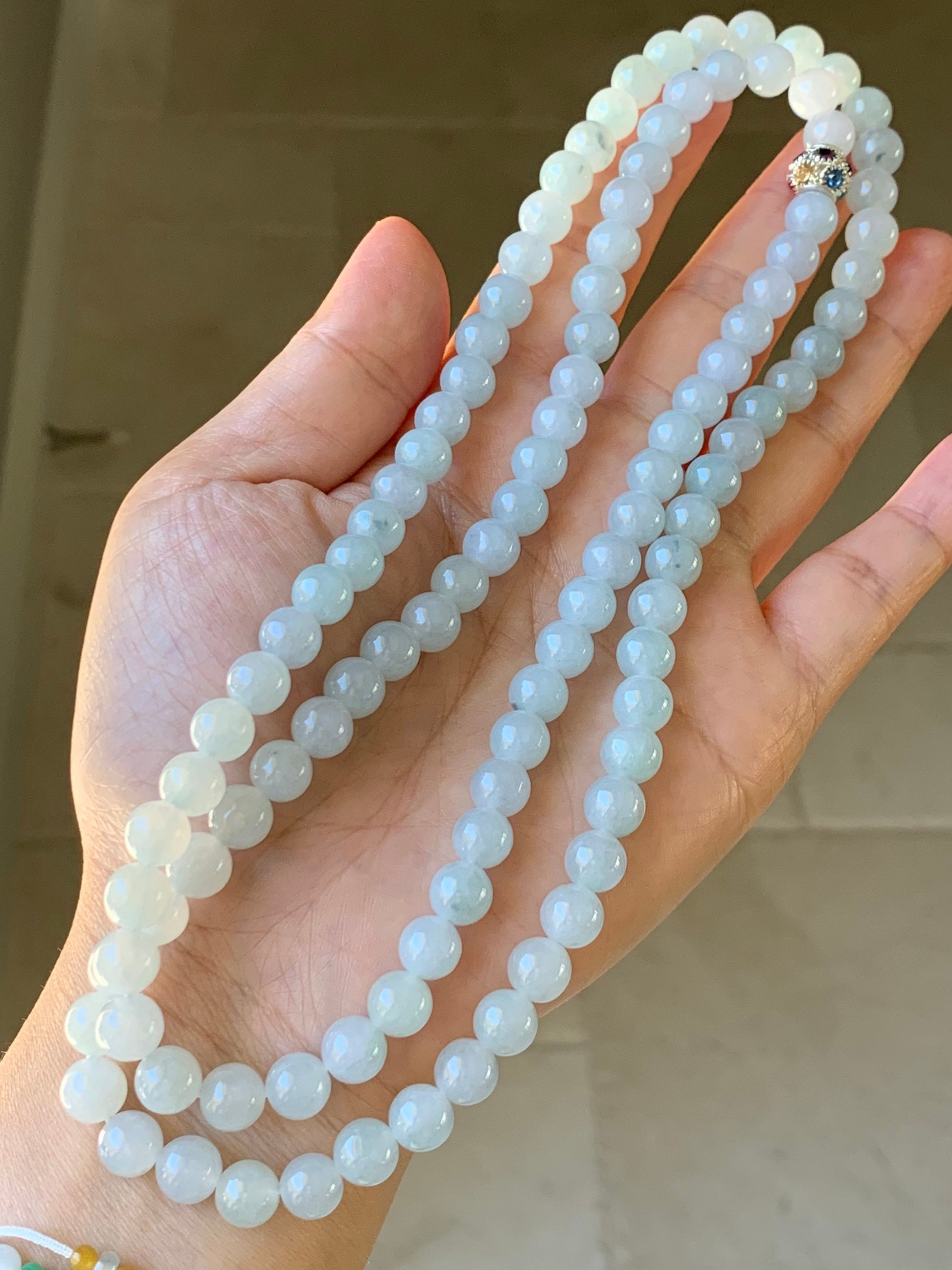 Burmese Natural Icy Translucent Gelatinous Light Green Jadeite w/ Green Marbling Beaded Necklace 7.8mm 32” 88 grams 天然缅甸正冰起胶晴底飘绿花翡翠长串