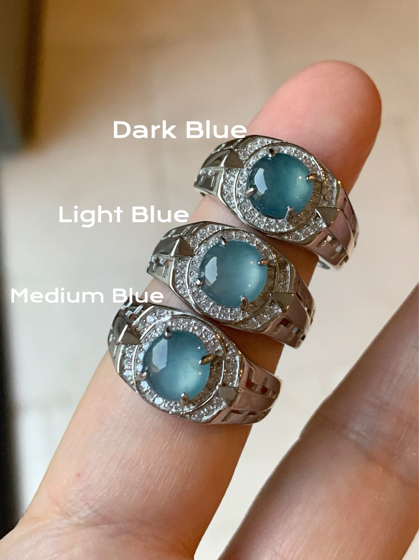 Large Natural Guatemalan Icy Highly Translucent Blue Jadeite Band Ring S925 Sterling Silver Size 9.5 Adjustable 天然老种冰蓝危地马拉翡翠宽版银镶戒指 WNJ90