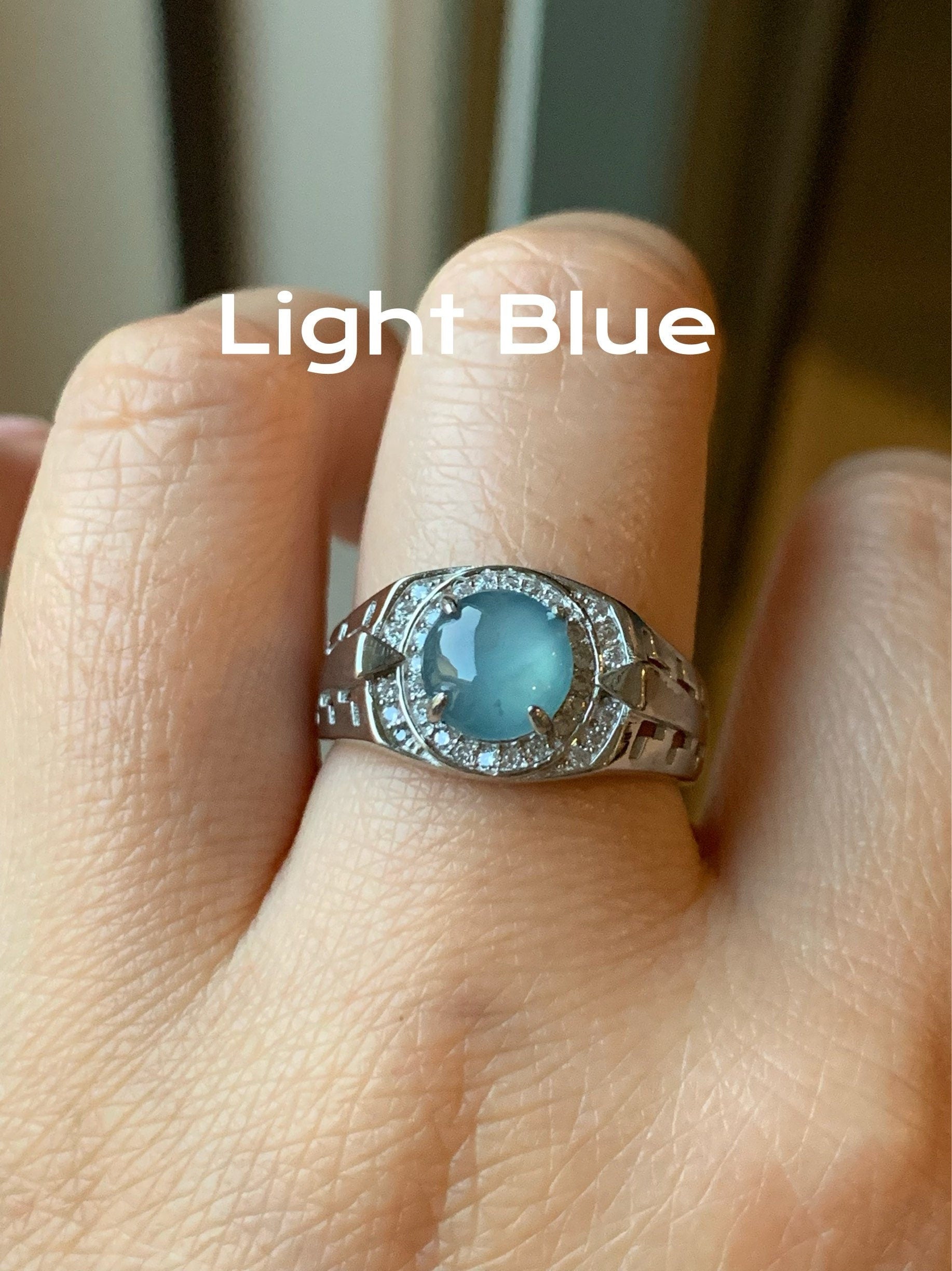 Large Natural Guatemalan Icy Highly Translucent Blue Jadeite Band Ring S925 Sterling Silver Size 9.5 Adjustable 天然老种冰蓝危地马拉翡翠宽版银镶戒指 WNJ90